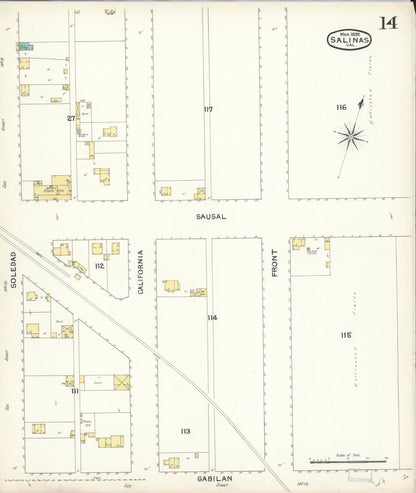Sanborn Fire Insurance Map from Salinas, Monterey County, California (1892), Sheet #0014 - Complete Map Set gallery image, historic Sanborn map, vintage wall art, California California