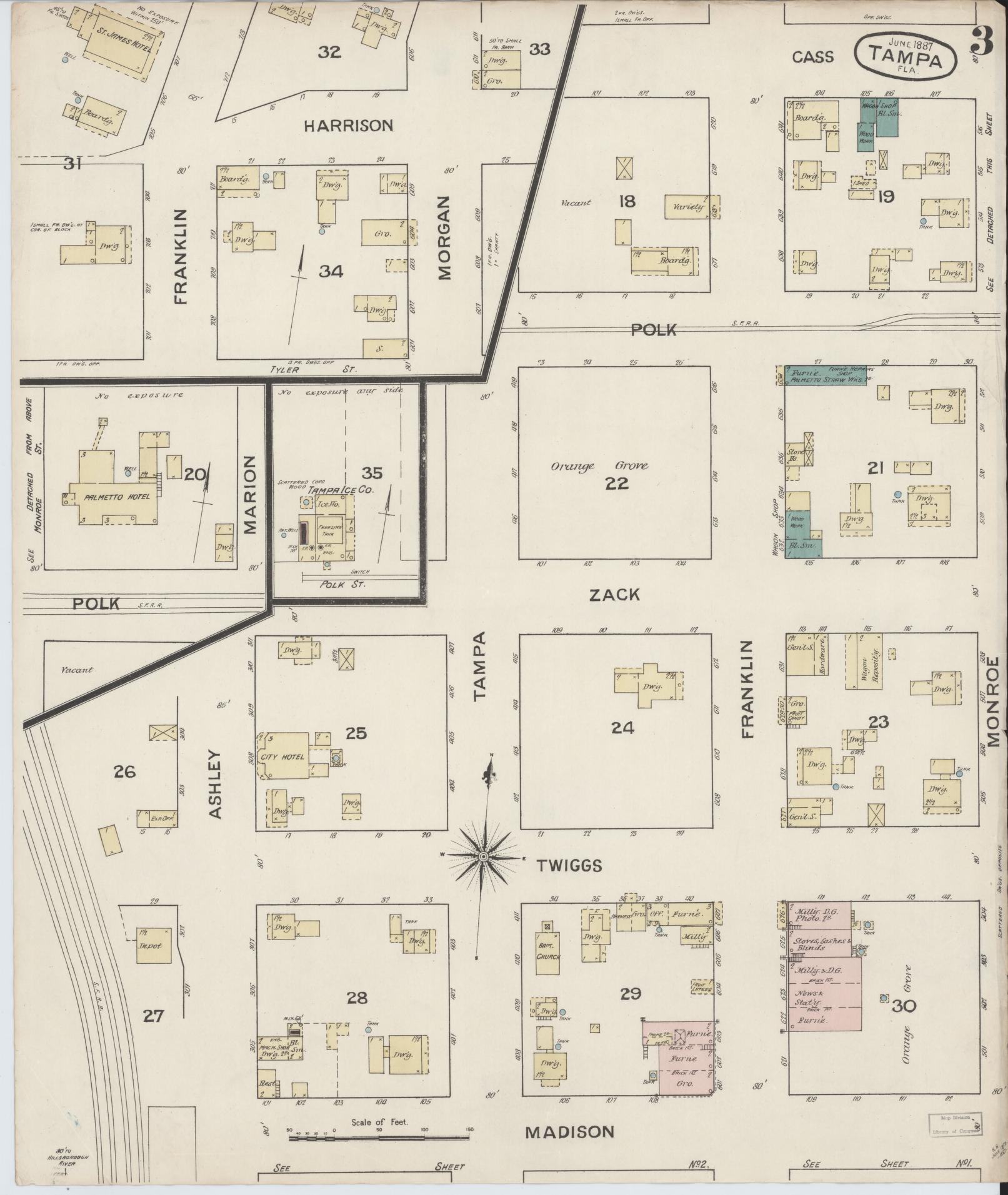 Sanborn Fire Insurance Map from Tampa, Hillsborough County, Florida (1887), Sheet #0003 - Complete Map Set gallery image, historic Sanborn map, vintage wall art, Florida Florida