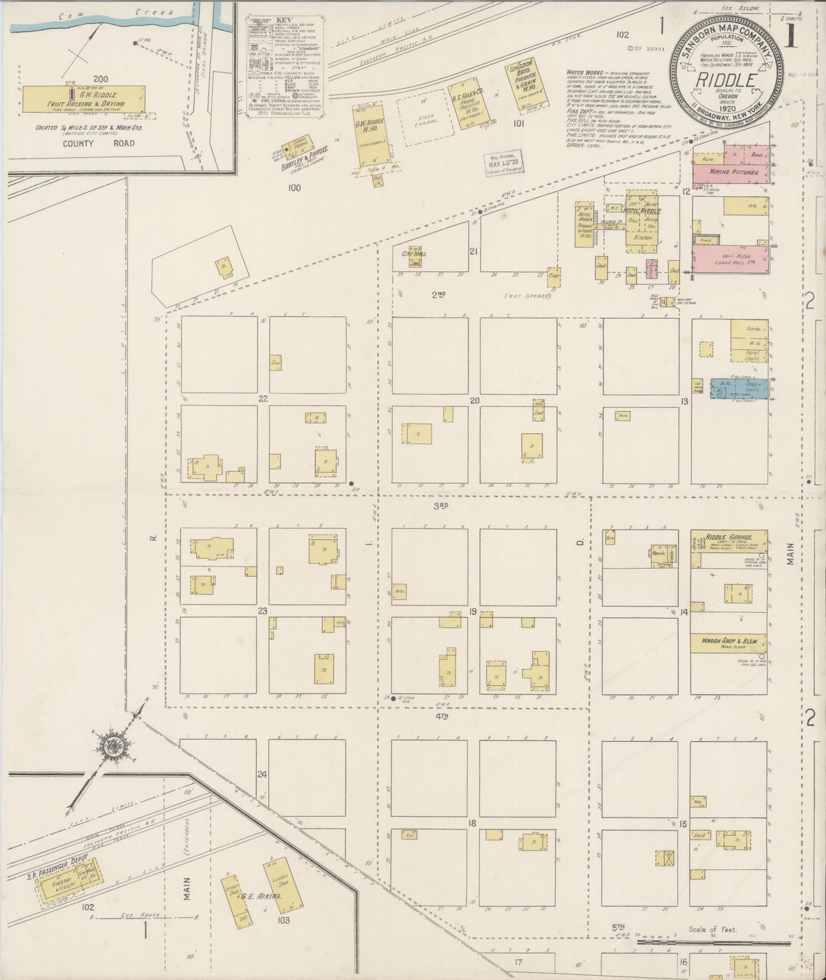 Sanborn Fire Insurance Map from Riddle, Douglas County, Oregon (1920), Sheet #0001 - Historic Sanborn Fire Insurance Map Print, vintage old map wall art, antique decor, genealogy gift, Oregon Oregon map