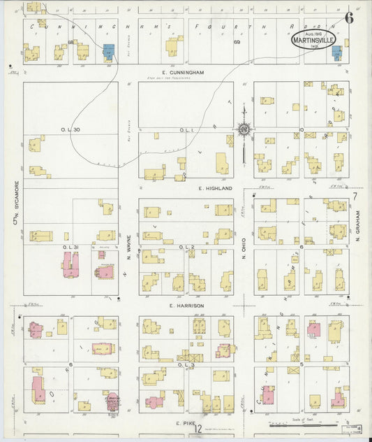 Sanborn Fire Insurance Map from Martinsville, Morgan County, Indiana (1916), Sheet #0006 - Historic Sanborn Fire Insurance Map Print, vintage old map wall art, antique decor, genealogy gift, Indiana Indiana map