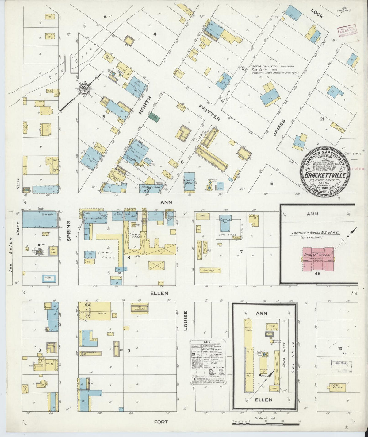 Sanborn Fire Insurance Map from Brackettville, Kinney County, Texas (1910), Sheet #0001 - Historic Sanborn Fire Insurance Map Print, vintage old map wall art, antique decor, genealogy gift, Texas Texas map