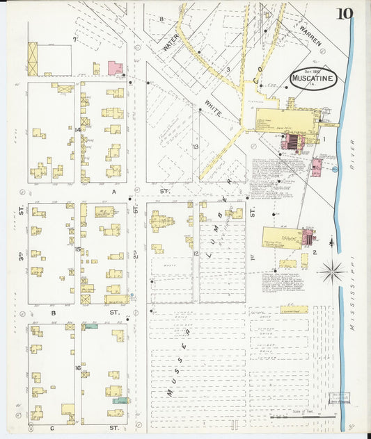 Sanborn Fire Insurance Map from Muscatine, Musactine County, Iowa (1892), Sheet #0010 - Historic Sanborn Fire Insurance Map Print, vintage old map wall art