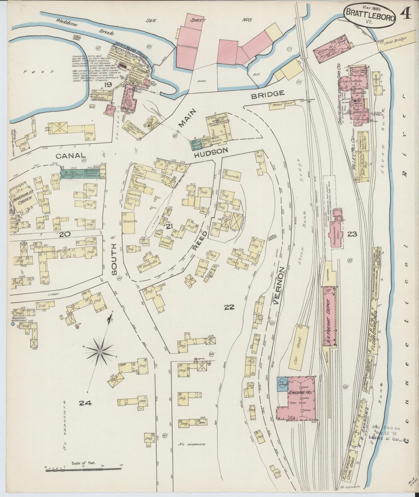 Sanborn Fire Insurance Map from Brattleboro, Windham County, Vermont (1885), Sheet #0004 - Complete Map Set gallery image, historic Sanborn map, vintage wall art, Vermont Vermont
