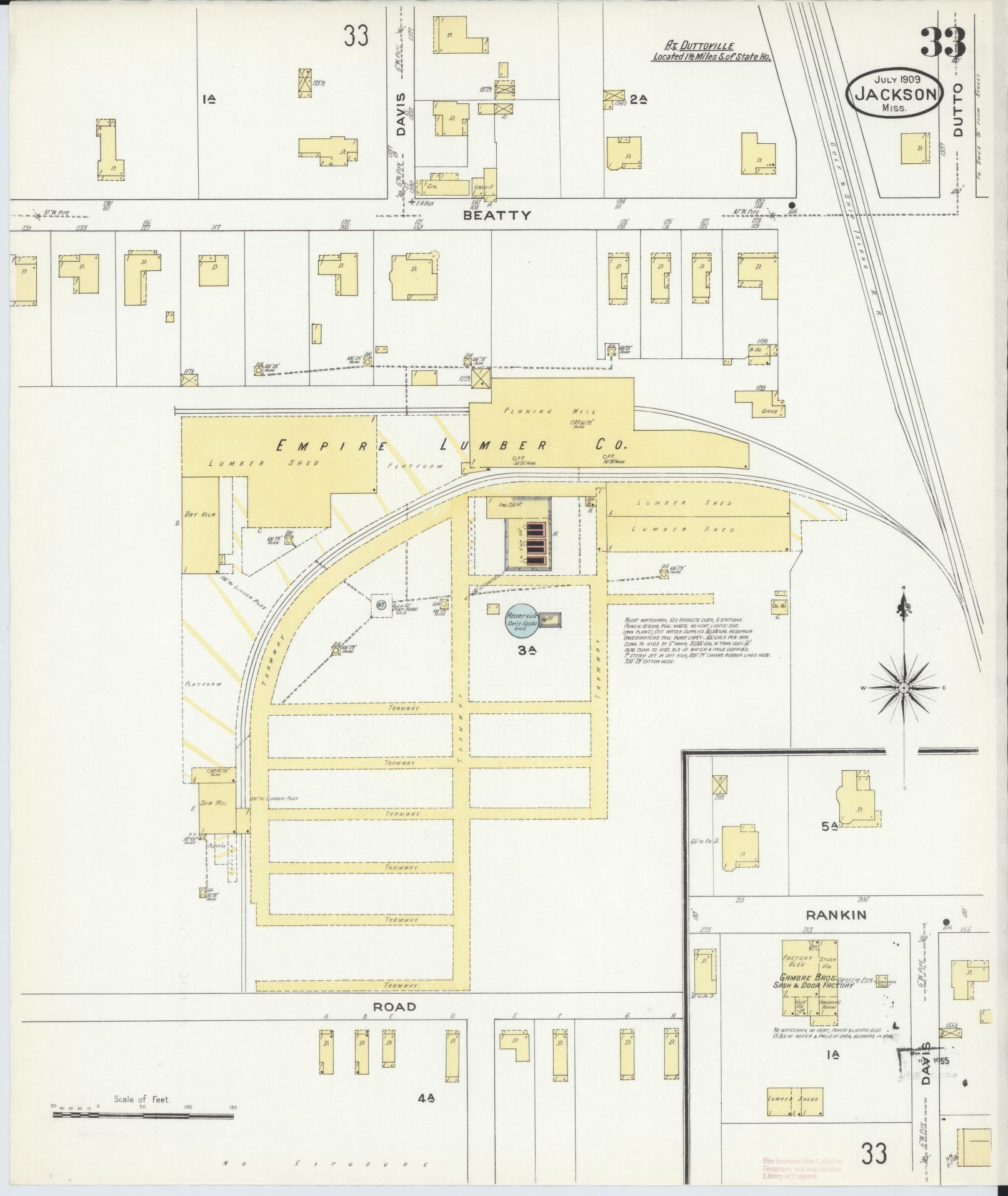 Sanborn Fire Insurance Map from Jackson, Hinds County, Mississippi (1909), Sheet #0033 - Historic Sanborn Fire Insurance Map Print, vintage old map wall art, antique decor, genealogy gift, Mississippi Mississippi map