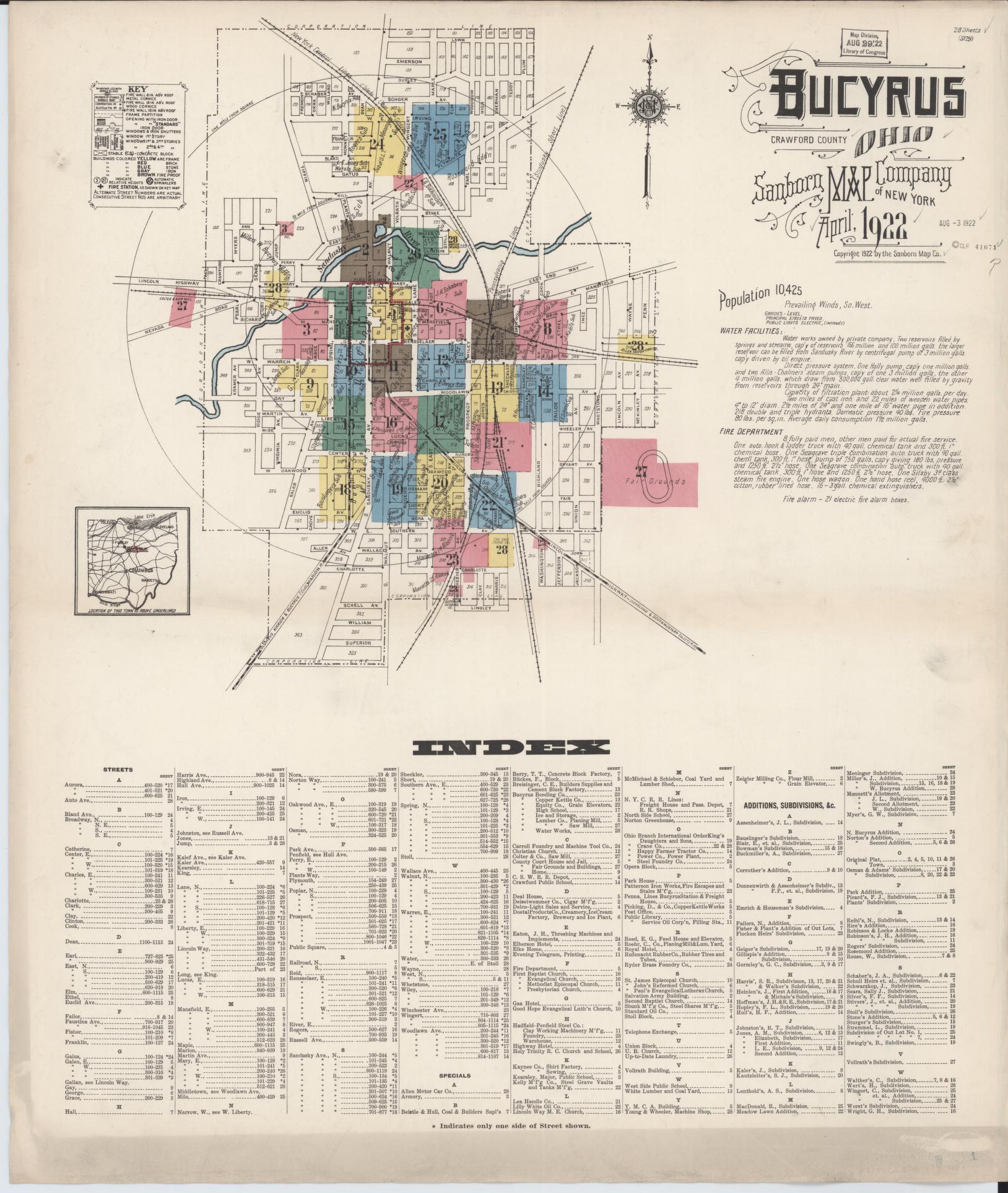 Sanborn Fire Insurance Map from Bucyrus, Crawford County, Ohio (1922), Sheet #0001 - Historic Sanborn Fire Insurance Map Print, vintage old map wall art, antique decor, genealogy gift, Ohio Ohio map