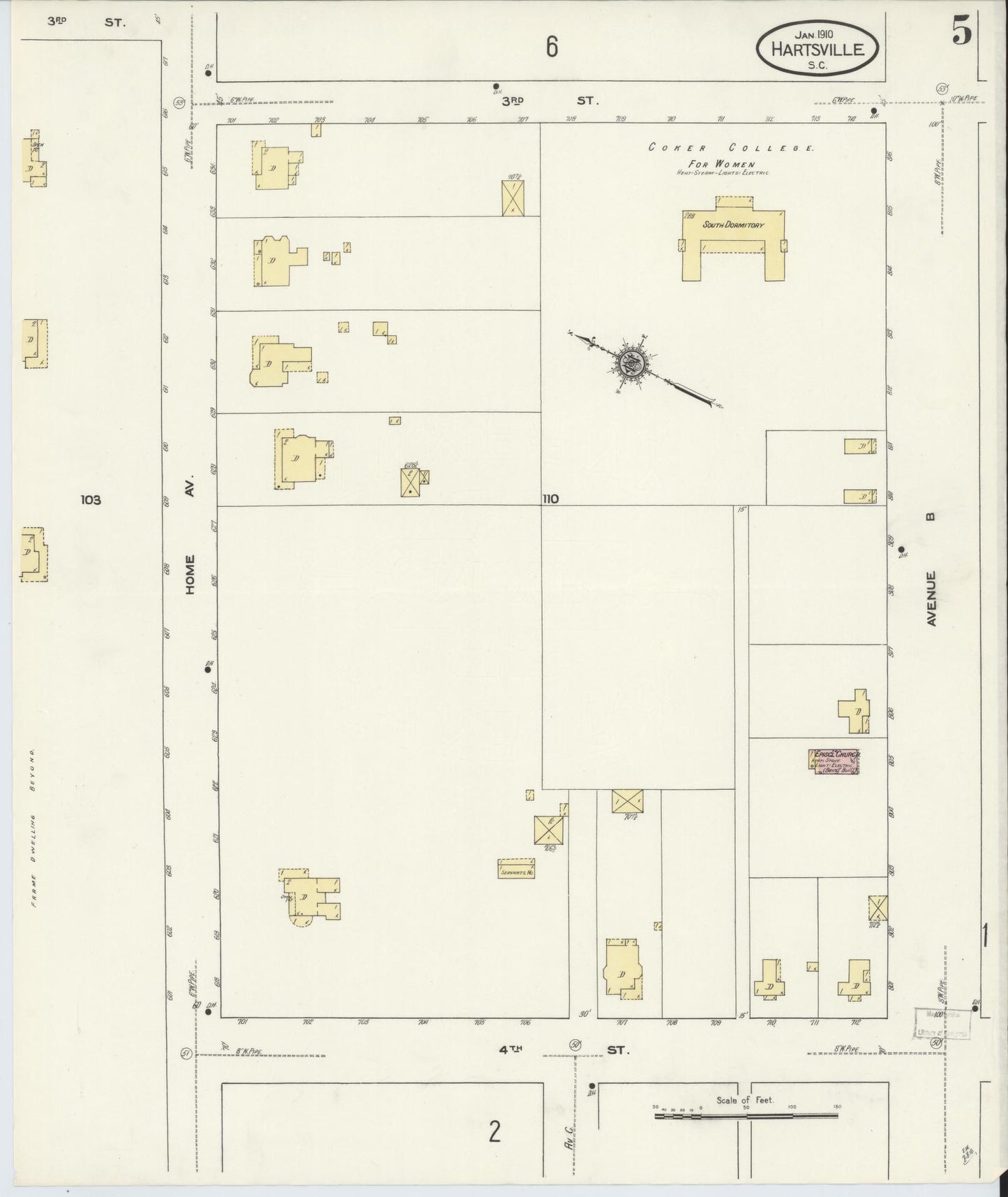 Sanborn Fire Insurance Map from Hartsville, Darlington County, South Carolina (1910), Sheet #0005 - Historic Sanborn Fire Insurance Map Print, vintage old map wall art, antique decor, genealogy gift, South Carolina South Carolina map