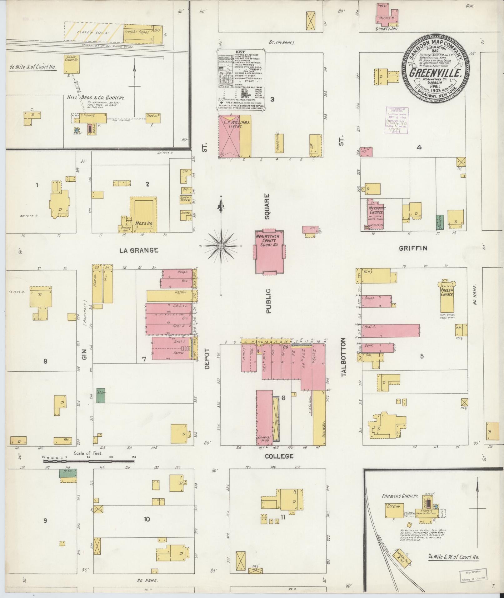 Sanborn Fire Insurance Map from Greenville, Meriweather County, Georgia (1903), Sheet #0001 - Historic Sanborn Fire Insurance Map Print, vintage old map wall art, antique decor, genealogy gift, Georgia Georgia map