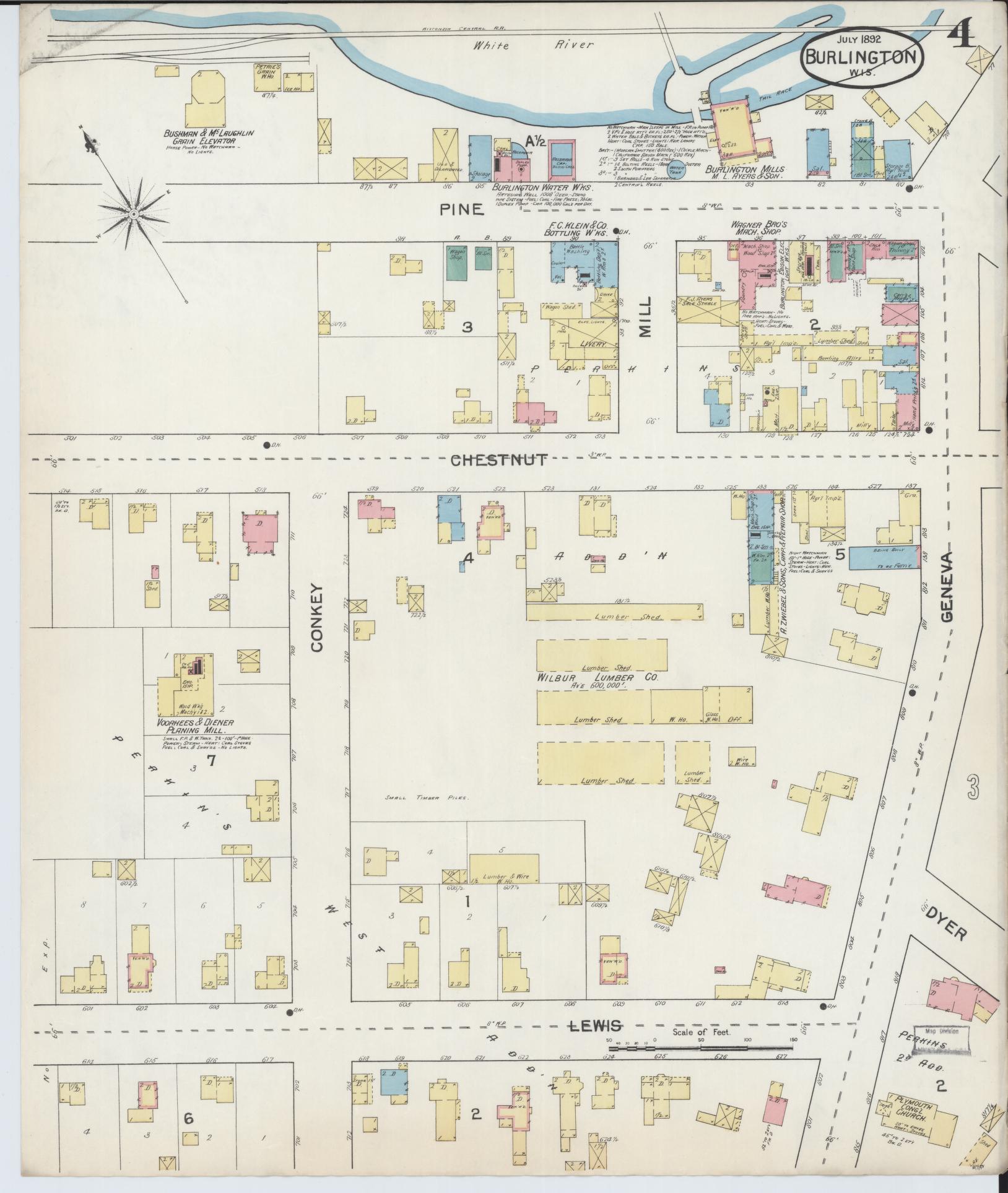 Sanborn Fire Insurance Map from Burlington, Racine County, Wisconsin (1892), Sheet #0004 - Historic Sanborn Fire Insurance Map Print, vintage old map wall art, antique decor, genealogy gift, Wisconsin Wisconsin map