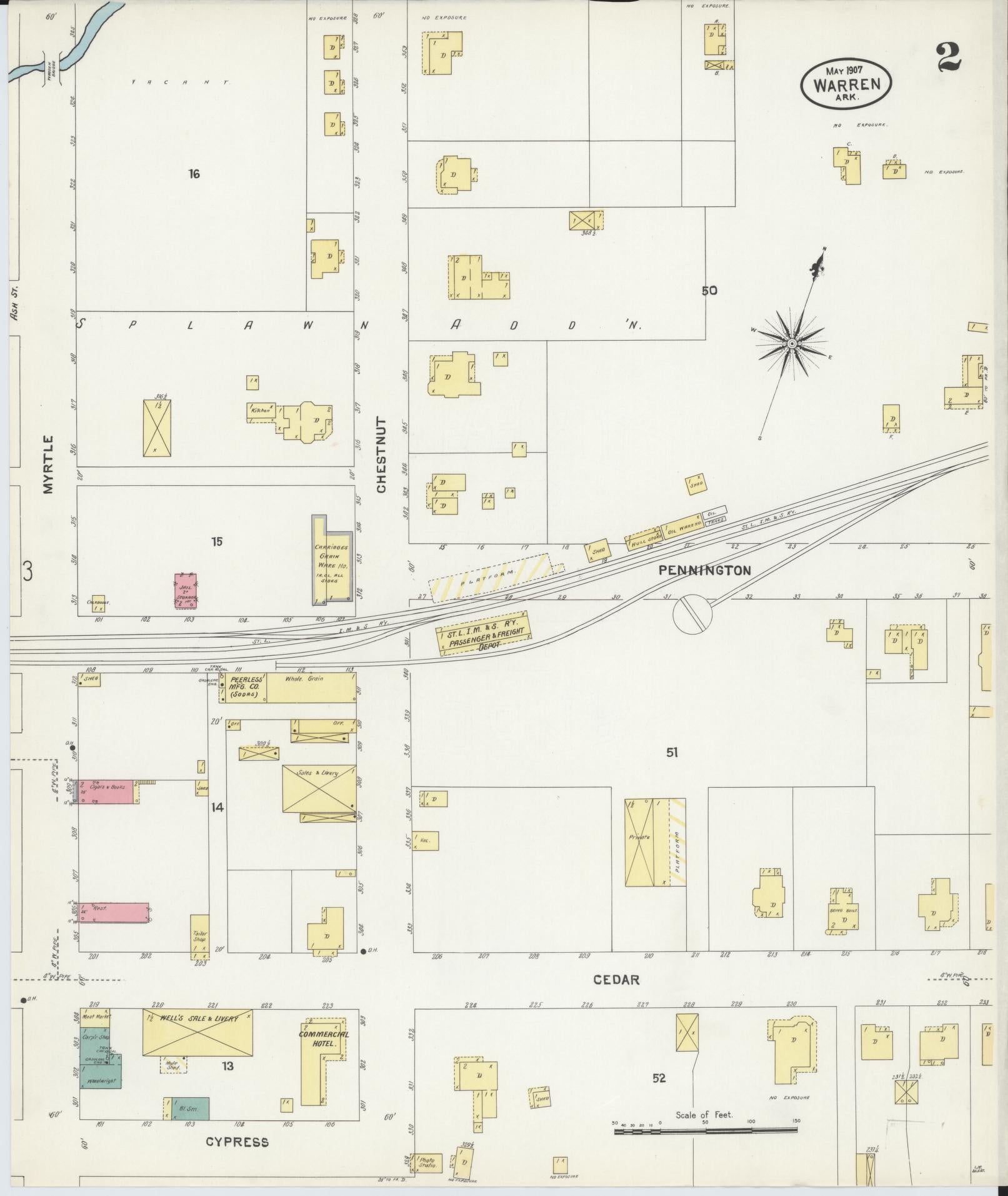Sanborn Fire Insurance Map from Warren, Bradley County, Arkansas (1907), Sheet #0002 - Complete Map Set gallery image, historic Sanborn map, vintage wall art, Arkansas Arkansas