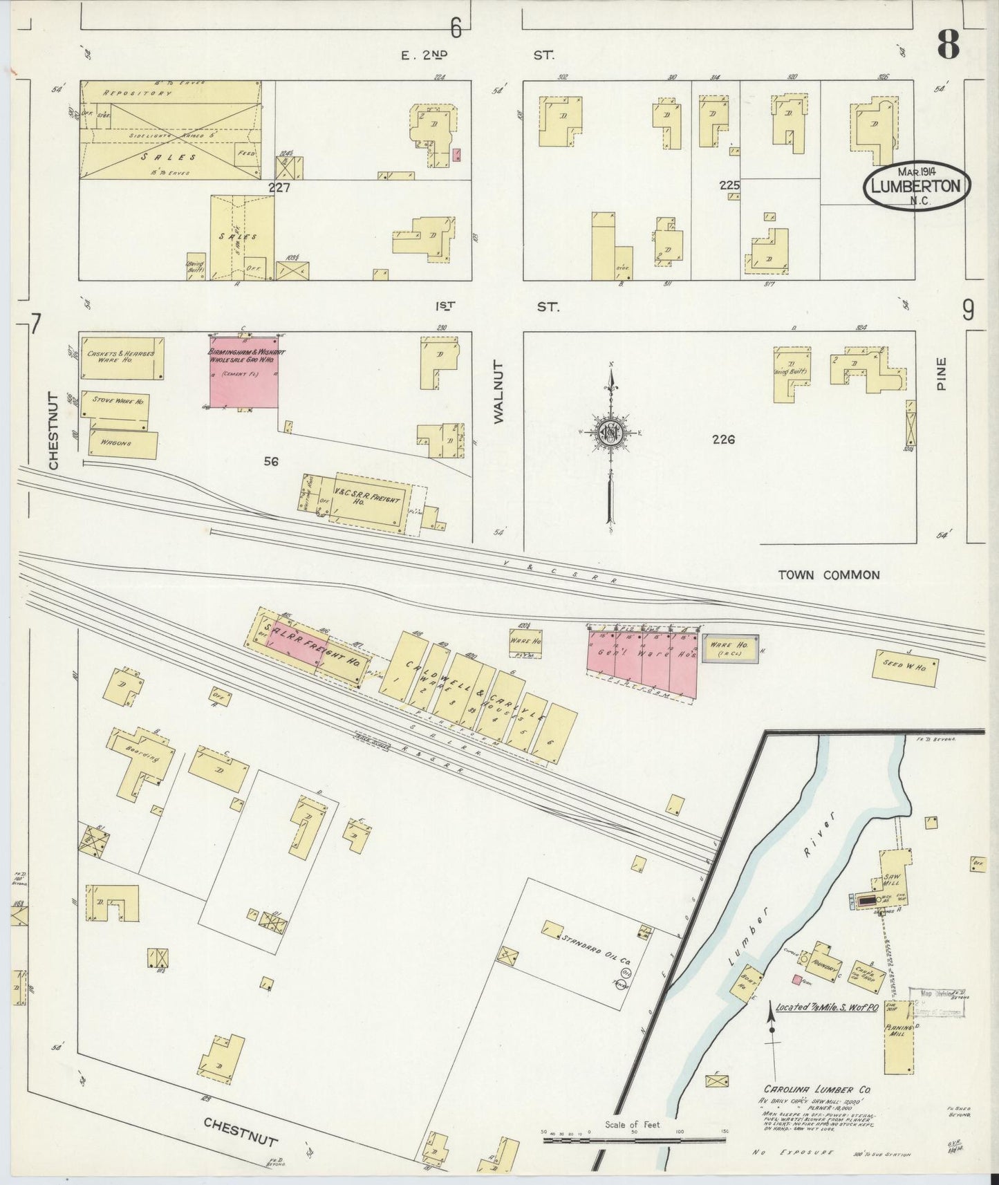Sanborn Fire Insurance Map from Lumberton, Robeson County, North Carolina (1914), Sheet #0008 - Historic Sanborn Fire Insurance Map Print, vintage old map wall art, antique decor, genealogy gift, North Carolina North Carolina map