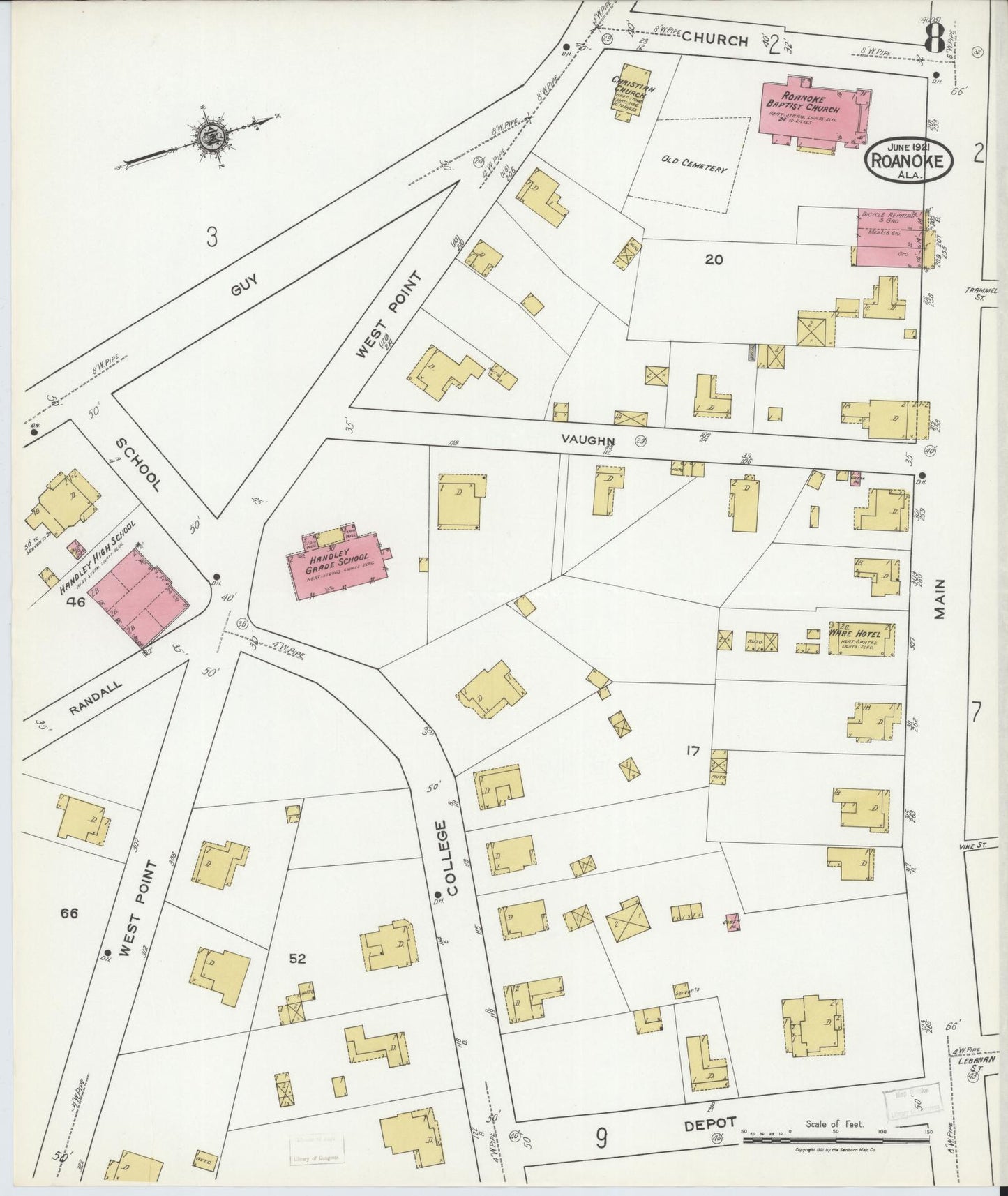 Sanborn Fire Insurance Map from Roanoke, Randolph County, Alabama (1921), Sheet #0008 - Complete Map Set gallery image, historic Sanborn map, vintage wall art, Alabama Alabama