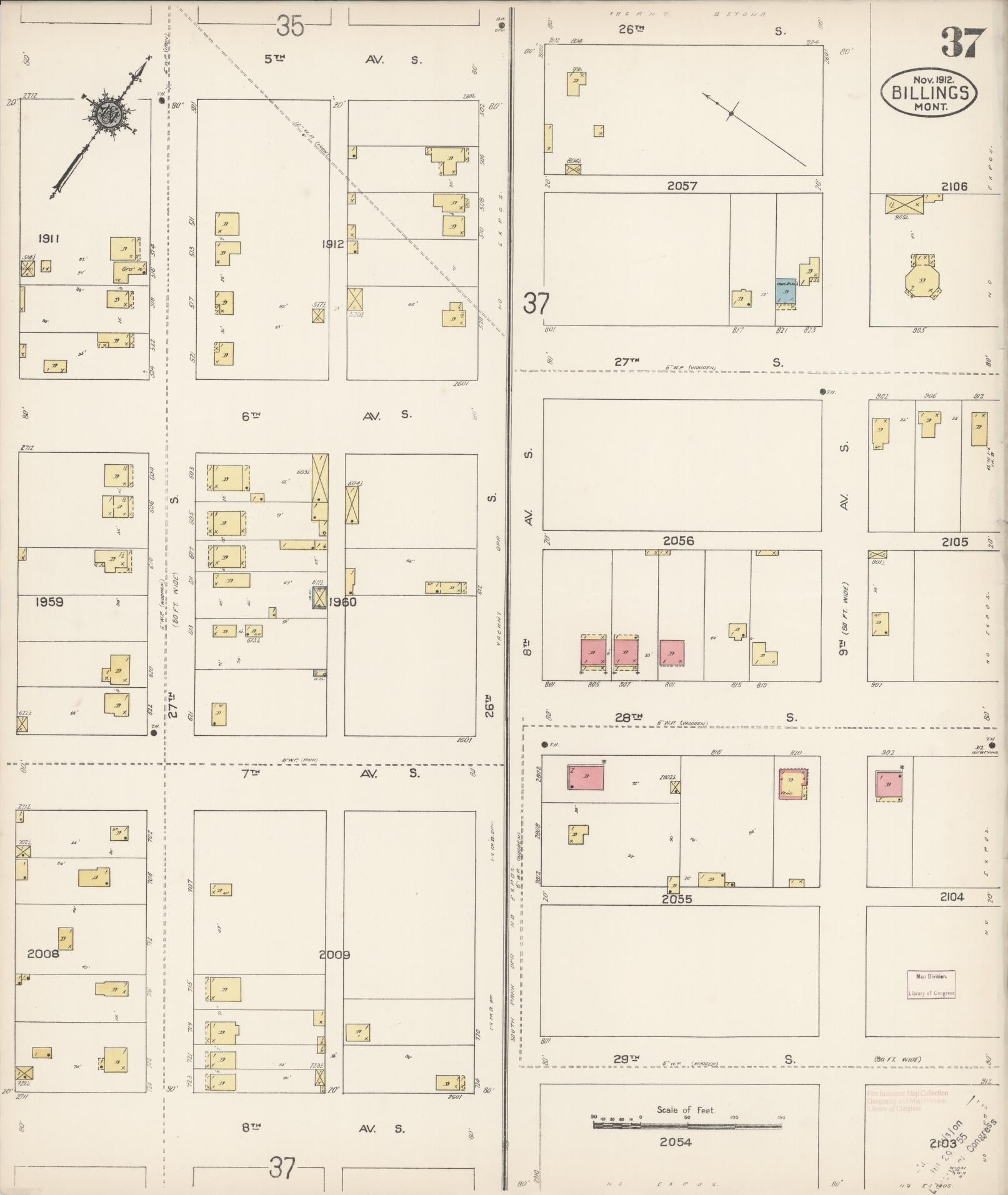 Sanborn Fire Insurance Map from Billings, Yellowstone County, Montana (1912), Sheet #0037 - Historic Sanborn Fire Insurance Map Print, vintage old map wall art, antique decor, genealogy gift, Montana Montana map