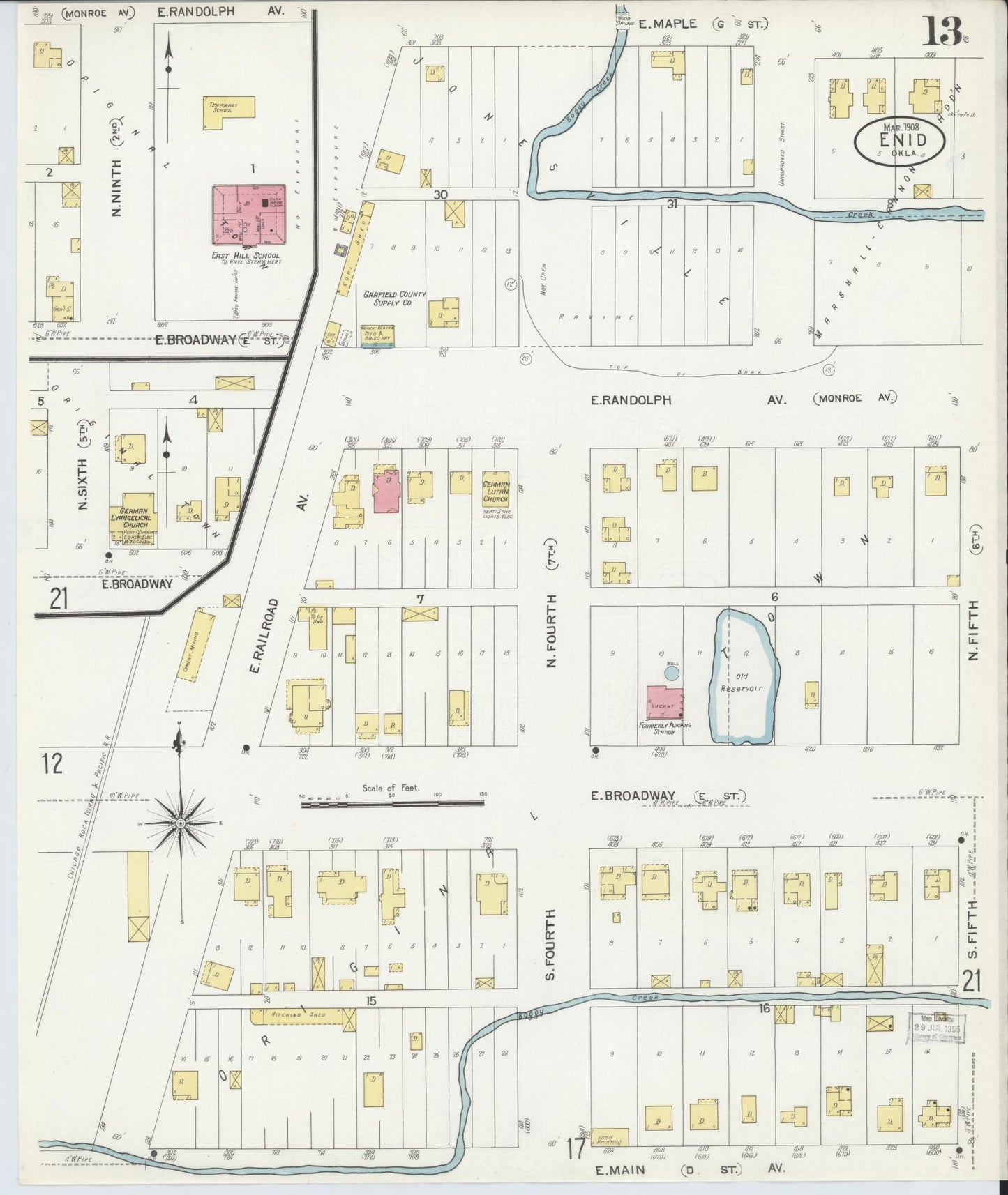 Sanborn Fire Insurance Map from Enid, Garfield County, Oklahoma (1908), Sheet #0013 - Historic Sanborn Fire Insurance Map Print, vintage old map wall art, antique decor, genealogy gift, Oklahoma Oklahoma map