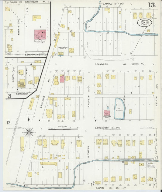 Sanborn Fire Insurance Map from Enid, Garfield County, Oklahoma (1908), Sheet #0013 - Historic Sanborn Fire Insurance Map Print, vintage old map wall art, antique decor, genealogy gift, Oklahoma Oklahoma map