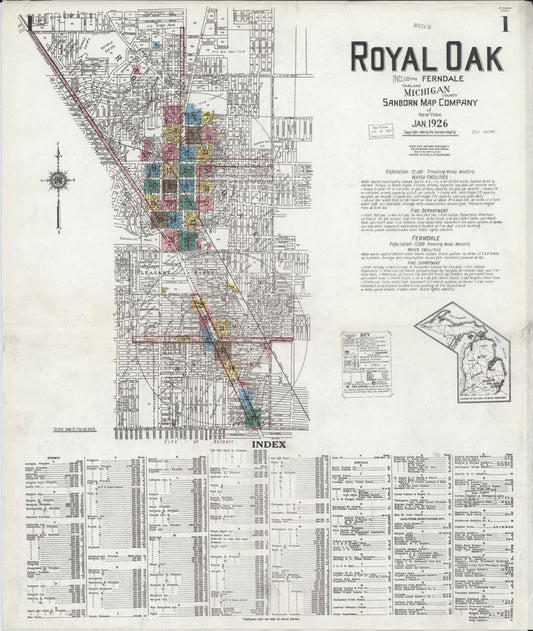 Sanborn Fire Insurance Map from Royal Oak, Oakland County, Michigan (1926), Sheet #0001 - Historic Sanborn Fire Insurance Map Print, vintage old map wall art, antique decor, genealogy gift, Michigan Michigan map