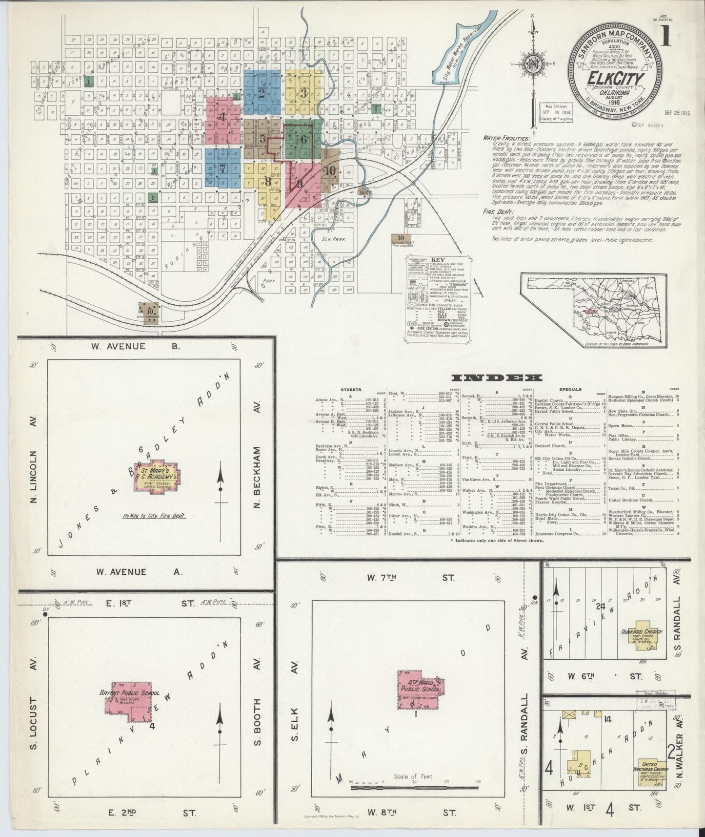 Sanborn Fire Insurance Map from Elk City, Beckham County, Oklahoma (1916), Sheet #0001 - Complete Map Set gallery image, historic Sanborn map, vintage wall art, Oklahoma Oklahoma
