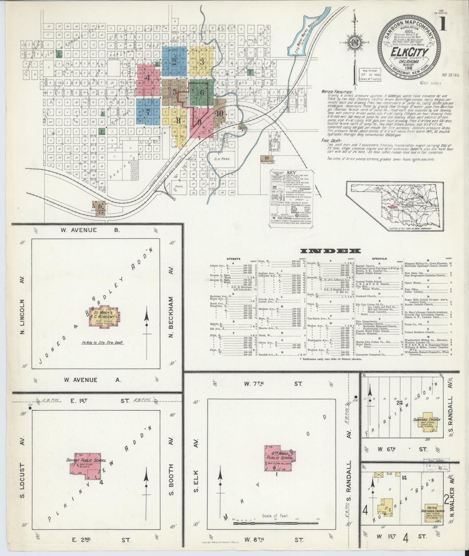 Sanborn Fire Insurance Map from Elk City, Beckham County, Oklahoma (1916), Sheet #0001 - Complete Map Set gallery image, historic Sanborn map, vintage wall art, Oklahoma Oklahoma