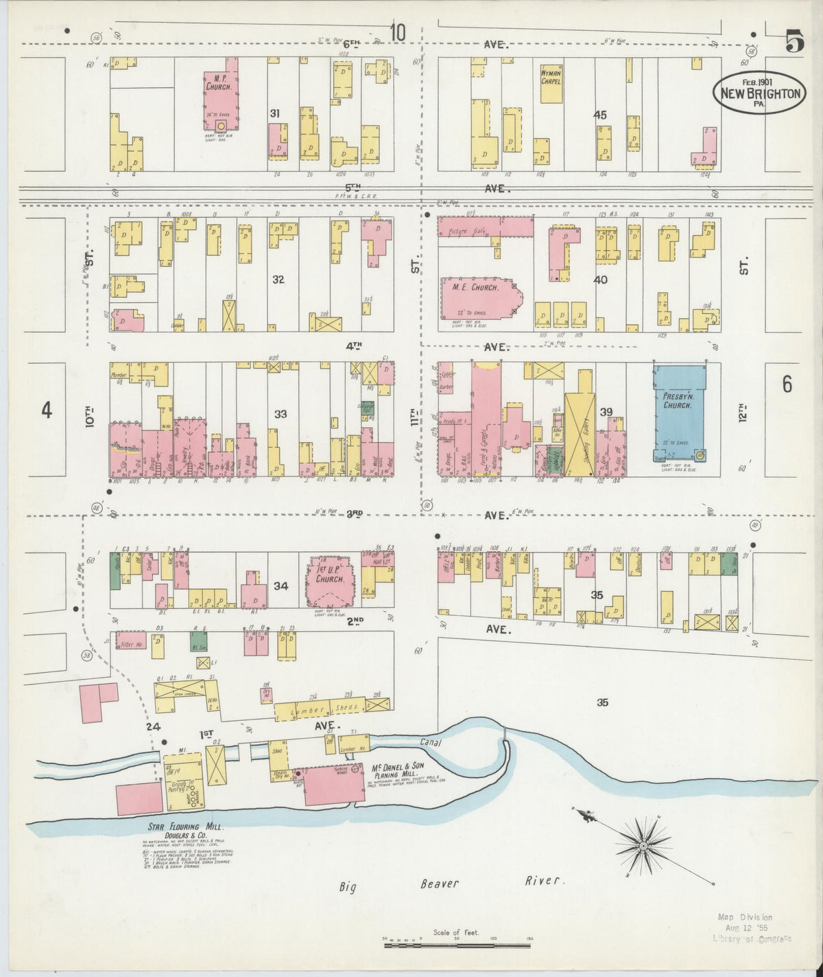 Sanborn Fire Insurance Map from New Brighton, Beaver County, Pennsylvania (1901), Sheet #0005 - Historic Sanborn Fire Insurance Map Print, vintage old map wall art, antique decor, genealogy gift, Pennsylvania Pennsylvania map