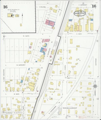 Sanborn Fire Insurance Map from Iron Mountain, Dickinson County, Michigan (1930), Sheet #0016 - Complete Map Set gallery image, historic Sanborn map, vintage wall art, Michigan Michigan