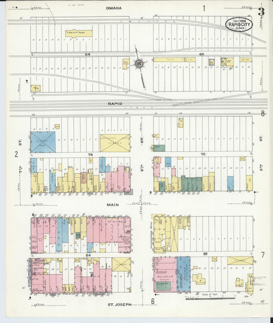 Sanborn Fire Insurance Map from Rapid City, Pennington County, South Dakota (1909), Sheet #0003 - Historic Sanborn Fire Insurance Map Print, vintage old map wall art, antique decor, genealogy gift, South Dakota South Dakota map