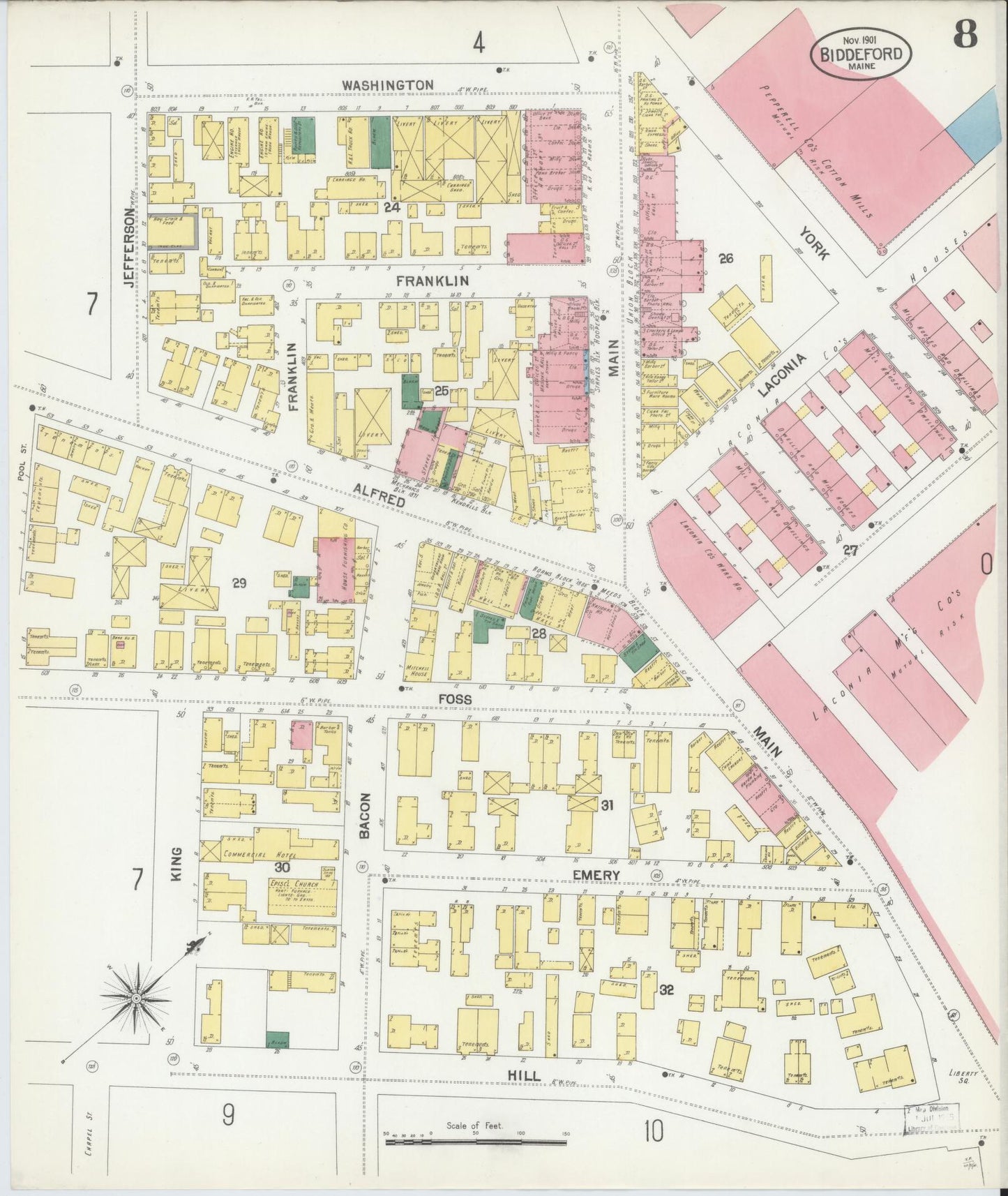 Sanborn Fire Insurance Map from Biddeford, York County, Maine (1901), Sheet #0008 - Complete Map Set gallery image, historic Sanborn map, vintage wall art, Maine Maine