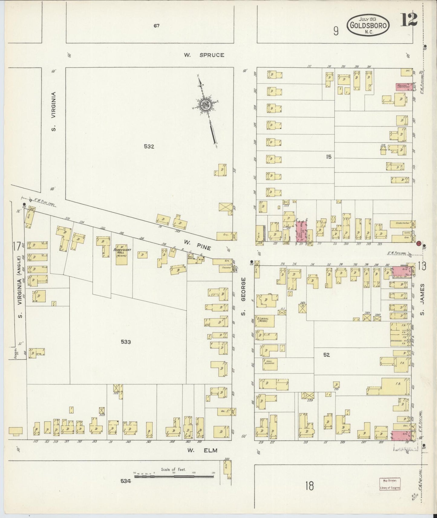 Sanborn Fire Insurance Map from Goldsboro, Wayne County, North Carolina (1913), Sheet #0012 - Complete Map Set gallery image, historic Sanborn map, vintage wall art, North Carolina North Carolina