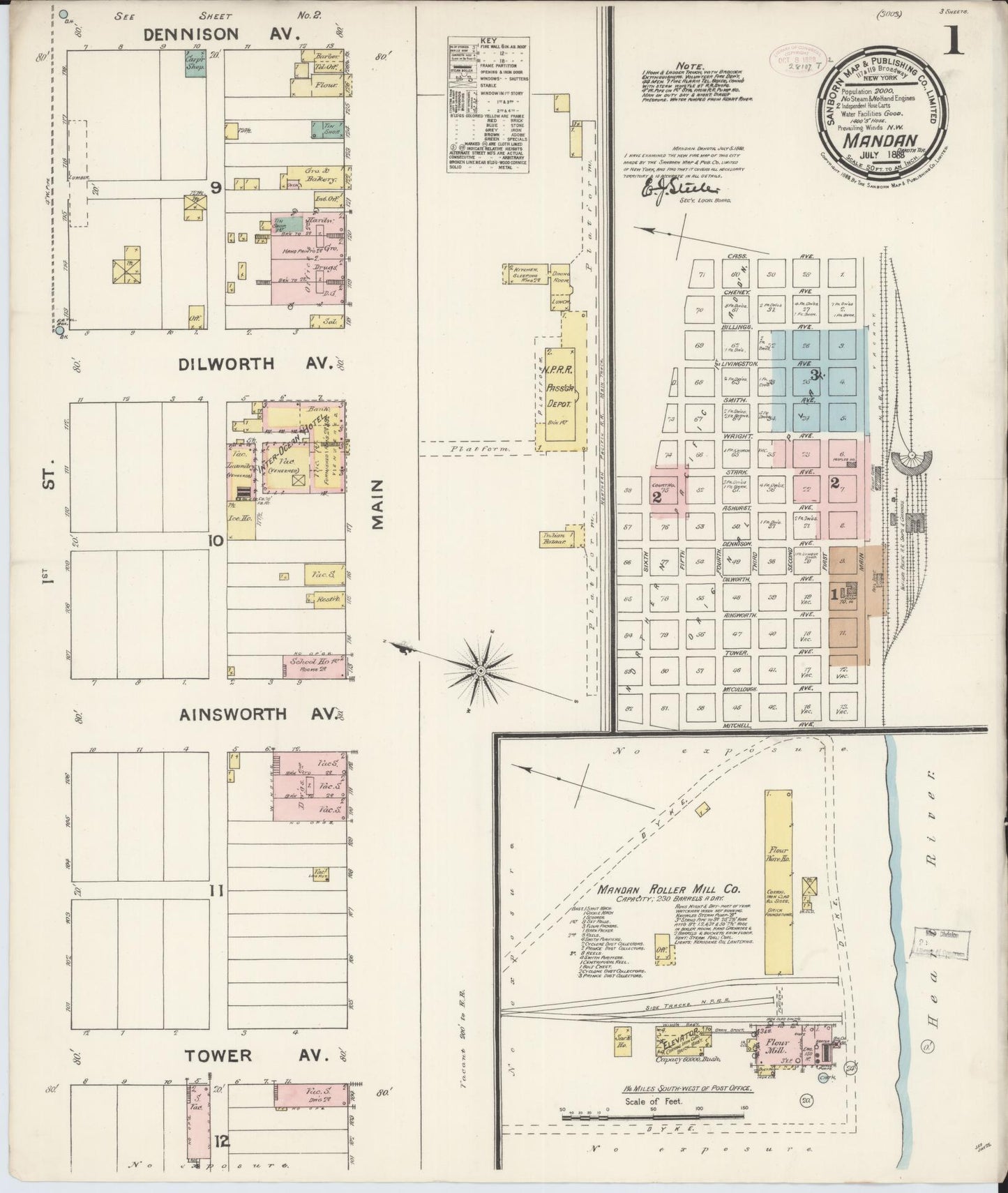 Sanborn Fire Insurance Map from Mandan, Morton County, North Dakota (1888), Sheet #0001 - Complete Map Set gallery image, historic Sanborn map, vintage wall art, North Dakota North Dakota