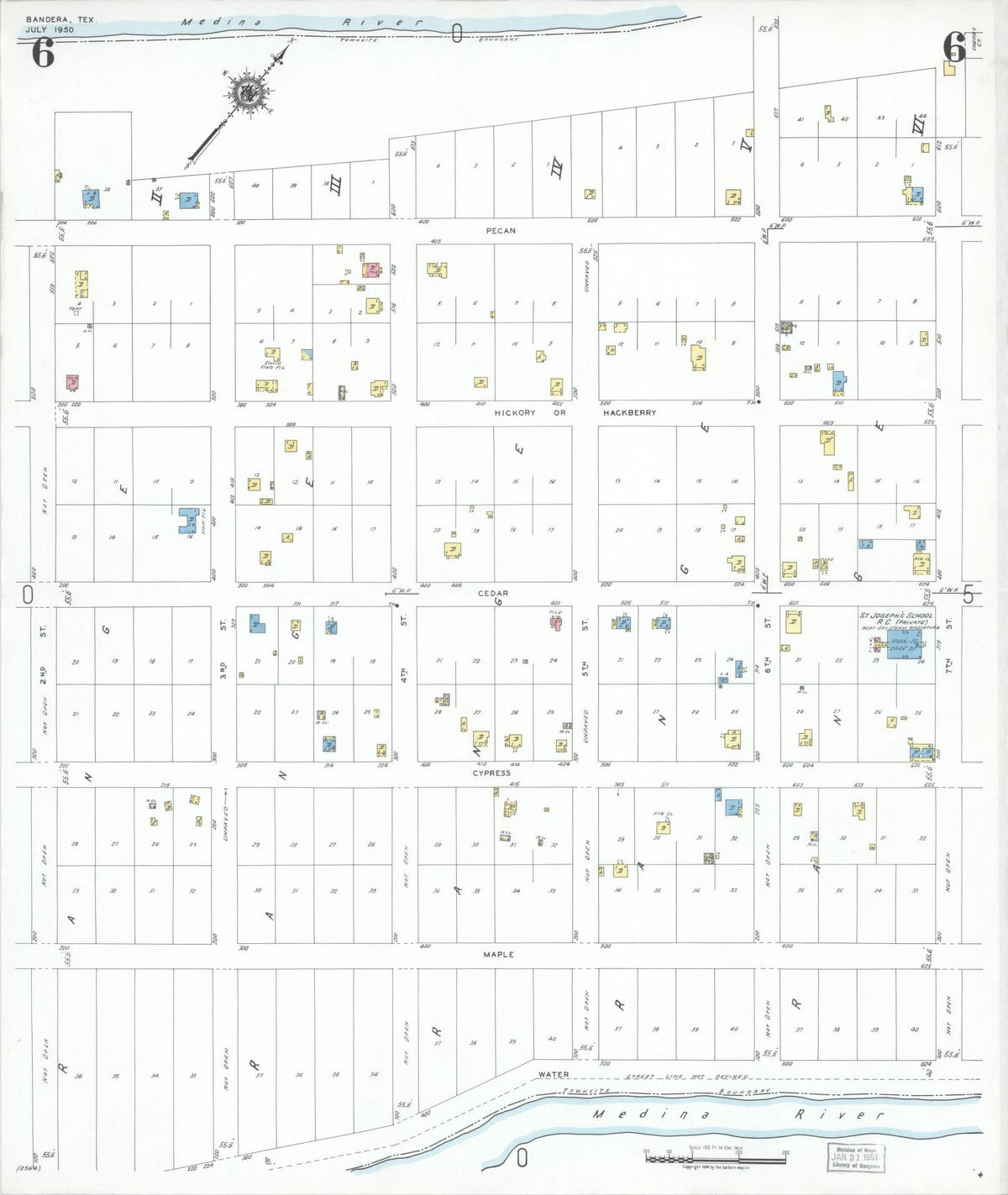 Sanborn Fire Insurance Map from Bandera, Bandera County, Texas (1950), Sheet #0006 - Historic Sanborn Fire Insurance Map Print, vintage old map wall art, antique decor, genealogy gift, Texas Texas map