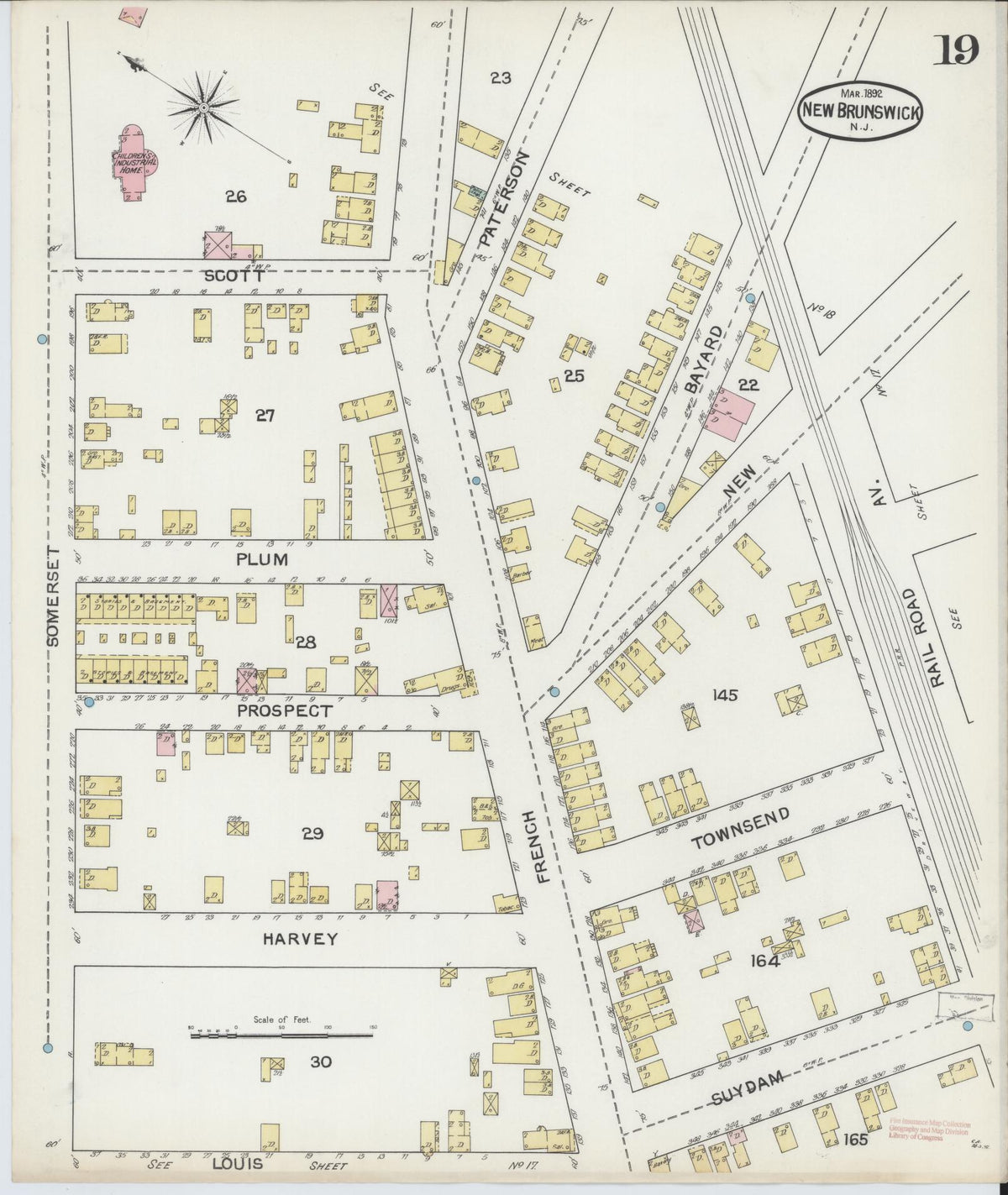 Sanborn Fire Insurance Map from New Brunswick, Middlesex County, New Jersey (1892), Sheet #0019 - Historic Sanborn Fire Insurance Map Print, vintage old map wall art, antique decor, genealogy gift, New Jersey New Jersey map