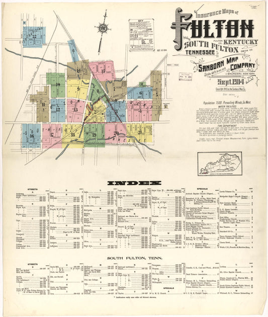Sanborn Fire Insurance Map from Fulton, Fulton County, Kentucky (1914), Sheet #0001 - Historic Sanborn Fire Insurance Map Print, vintage old map wall art, antique decor, genealogy gift, Kentucky Kentucky map
