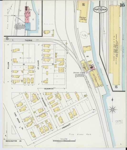 Sanborn Fire Insurance Map from Port Huron, Saint Clair County, Michigan (1898), Sheet #0016 - Historic Sanborn Fire Insurance Map Print, vintage old map wall art, antique decor, genealogy gift, Michigan Michigan map