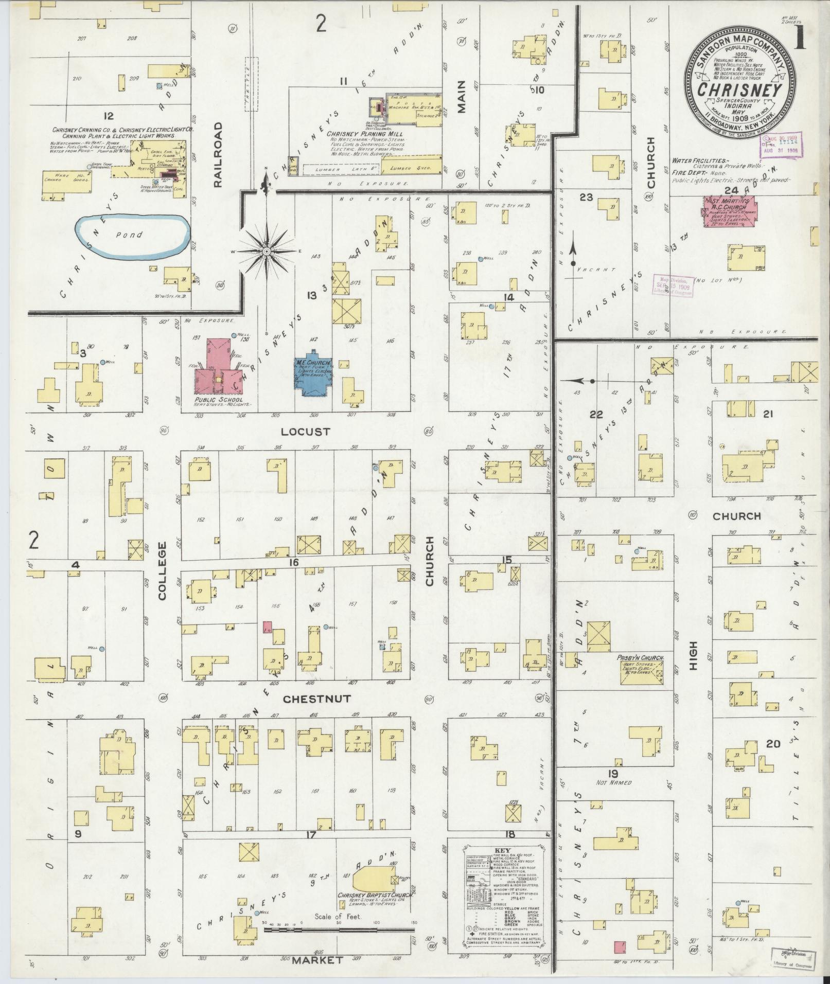 Sanborn Fire Insurance Map from Chrisney, Spencer County, Indiana (1909), Sheet #0001 - Complete Map Set gallery image, historic Sanborn map, vintage wall art, Indiana Indiana