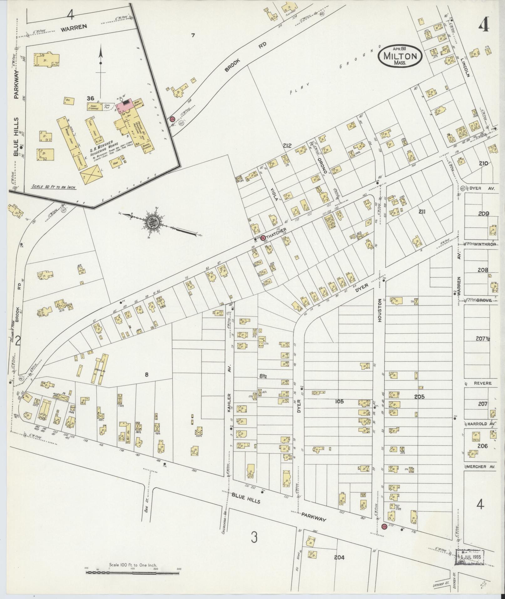Sanborn Fire Insurance Map from Milton, Norfolk County, Massachusetts (1911), Sheet #0004 - Historic Sanborn Fire Insurance Map Print, vintage old map wall art, antique decor, genealogy gift, Massachusetts Massachusetts map