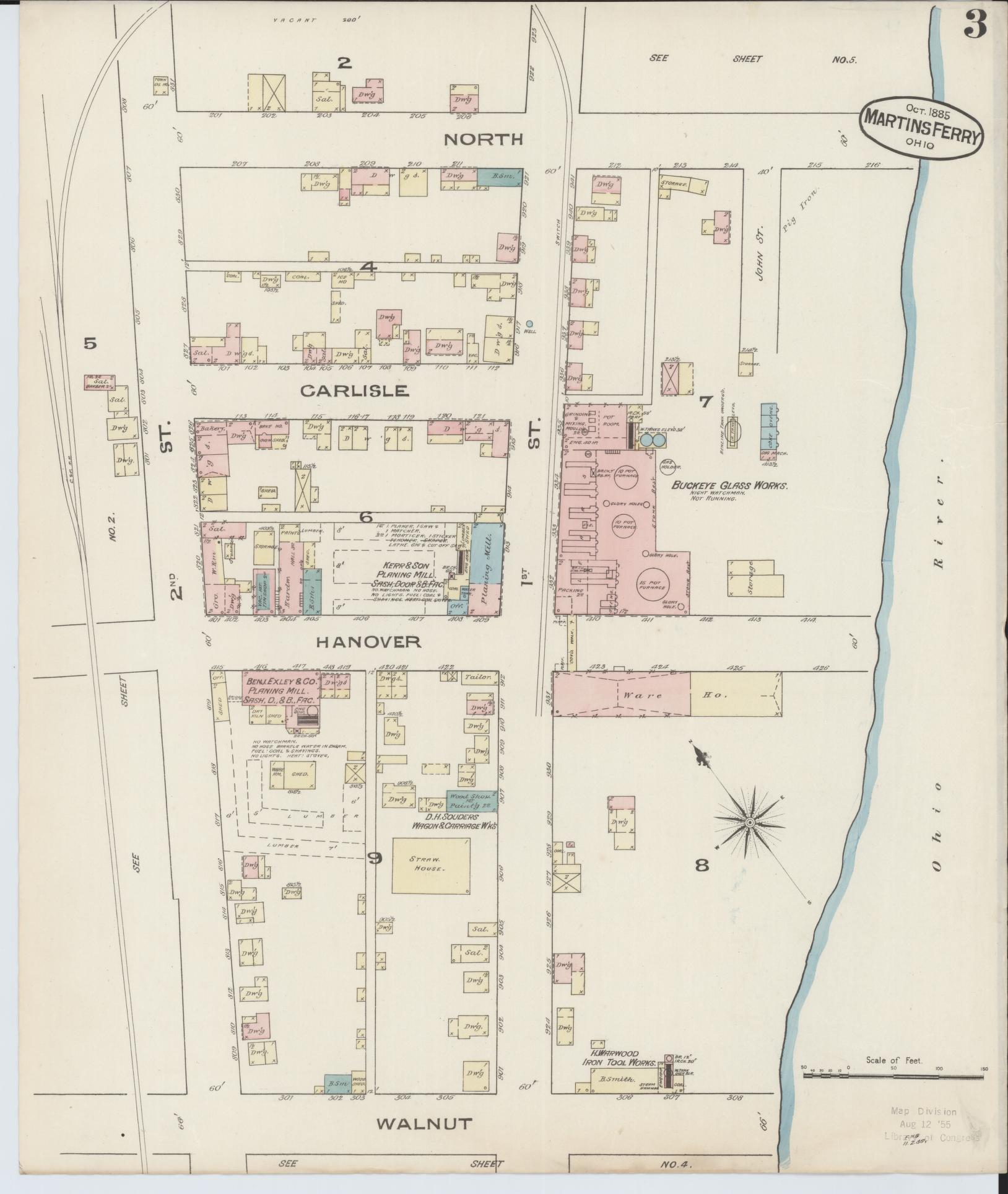 Sanborn Fire Insurance Map from Martins Ferry, Belmont County, Ohio (Unknown), Sheet #0003 - Historic Sanborn Fire Insurance Map Print, vintage old map wall art, antique decor, genealogy gift, Ohio Ohio map