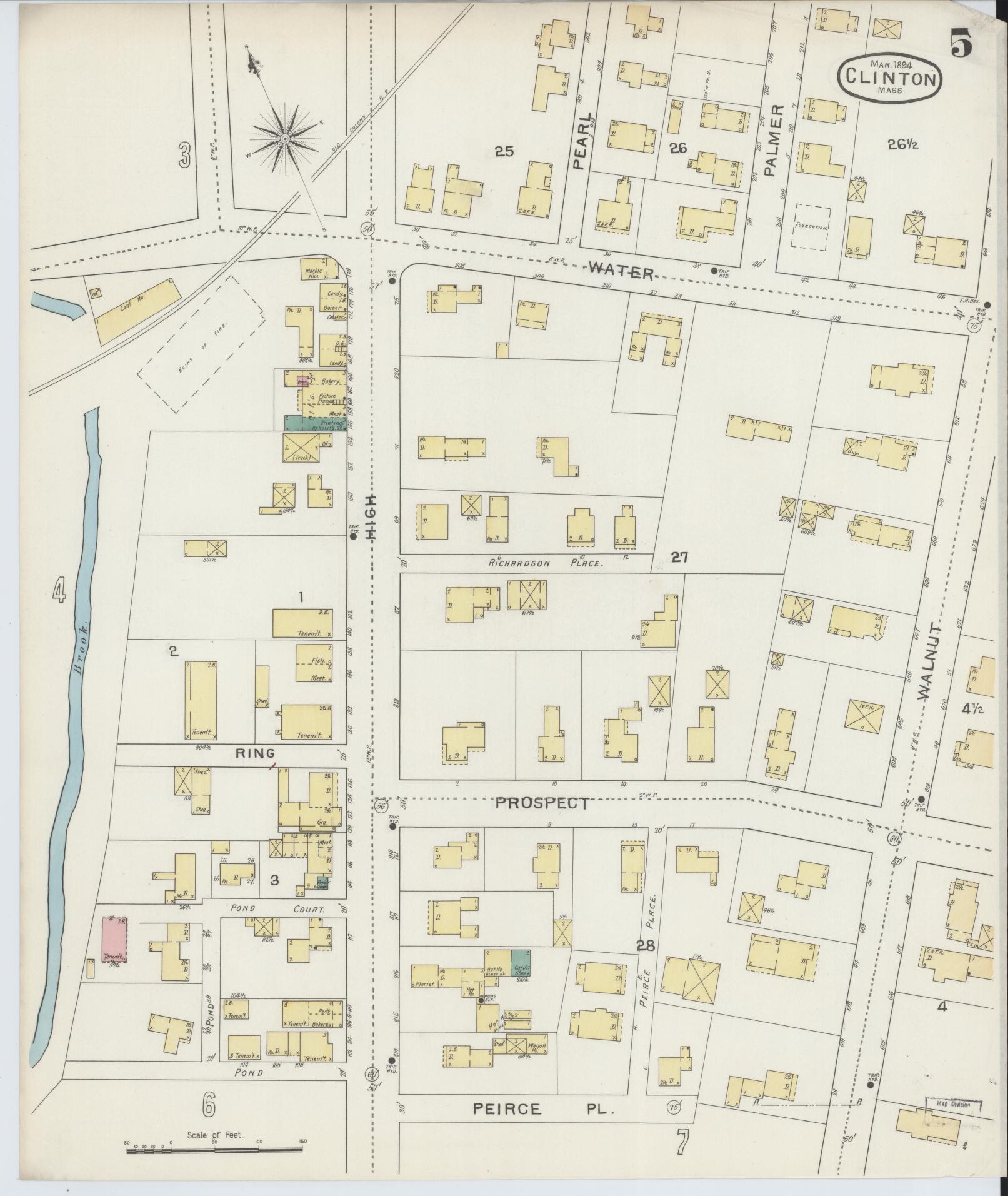 Sanborn Fire Insurance Map from Clinton, Worcester County, Massachusetts (1894), Sheet #0005 - Historic Sanborn Fire Insurance Map Print, vintage old map wall art, antique decor, genealogy gift, Massachusetts Massachusetts map