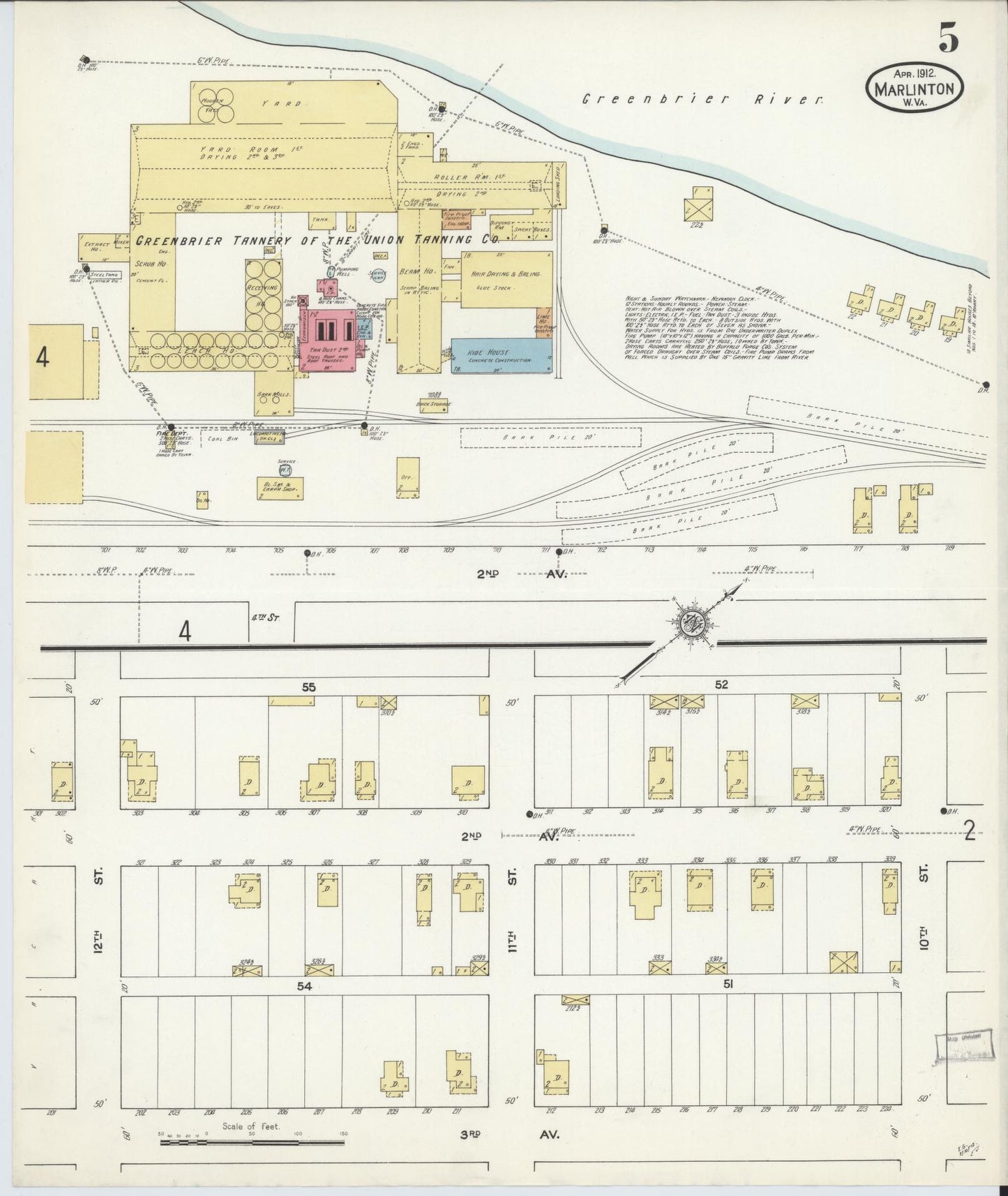 Sanborn Fire Insurance Map from Marlinton, Pocahontas County, West Virginia (1912), Sheet #0005 - Historic Sanborn Fire Insurance Map Print, vintage old map wall art, antique decor, genealogy gift, West Virginia West Virginia map