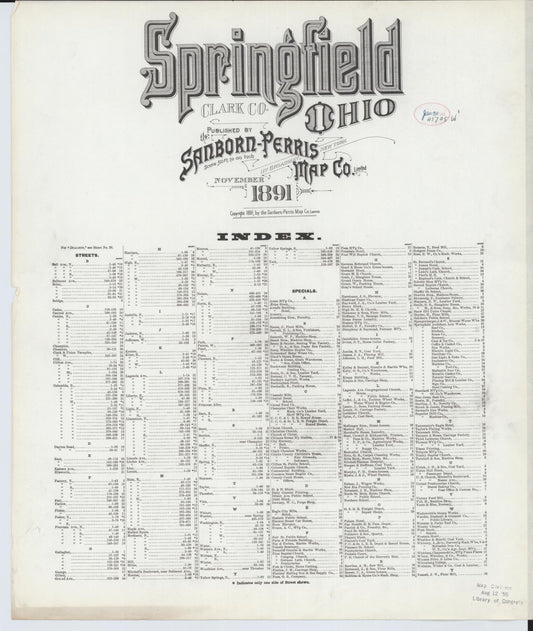 Sanborn Fire Insurance Map from Springfield, Clark County, Ohio. (1891) – Historic Sanborn Fire Insurance Map Print