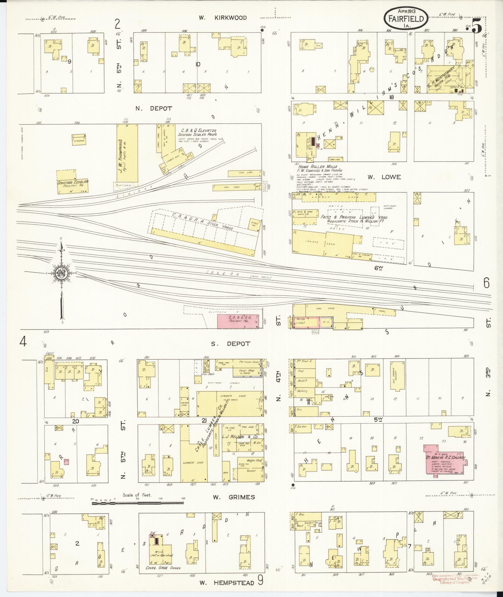 Sanborn Fire Insurance Map from Fairfield, Jefferson County, Iowa (1913), Sheet #0005 - Historic Sanborn Fire Insurance Map Print, vintage old map wall art