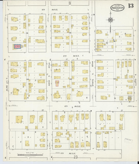 Sanborn Fire Insurance Map from Aberdeen, Brown County, South Dakota (1917), Sheet #0013 - Historic Sanborn Fire Insurance Map Print, vintage old map wall art, antique decor, genealogy gift, South Dakota South Dakota map