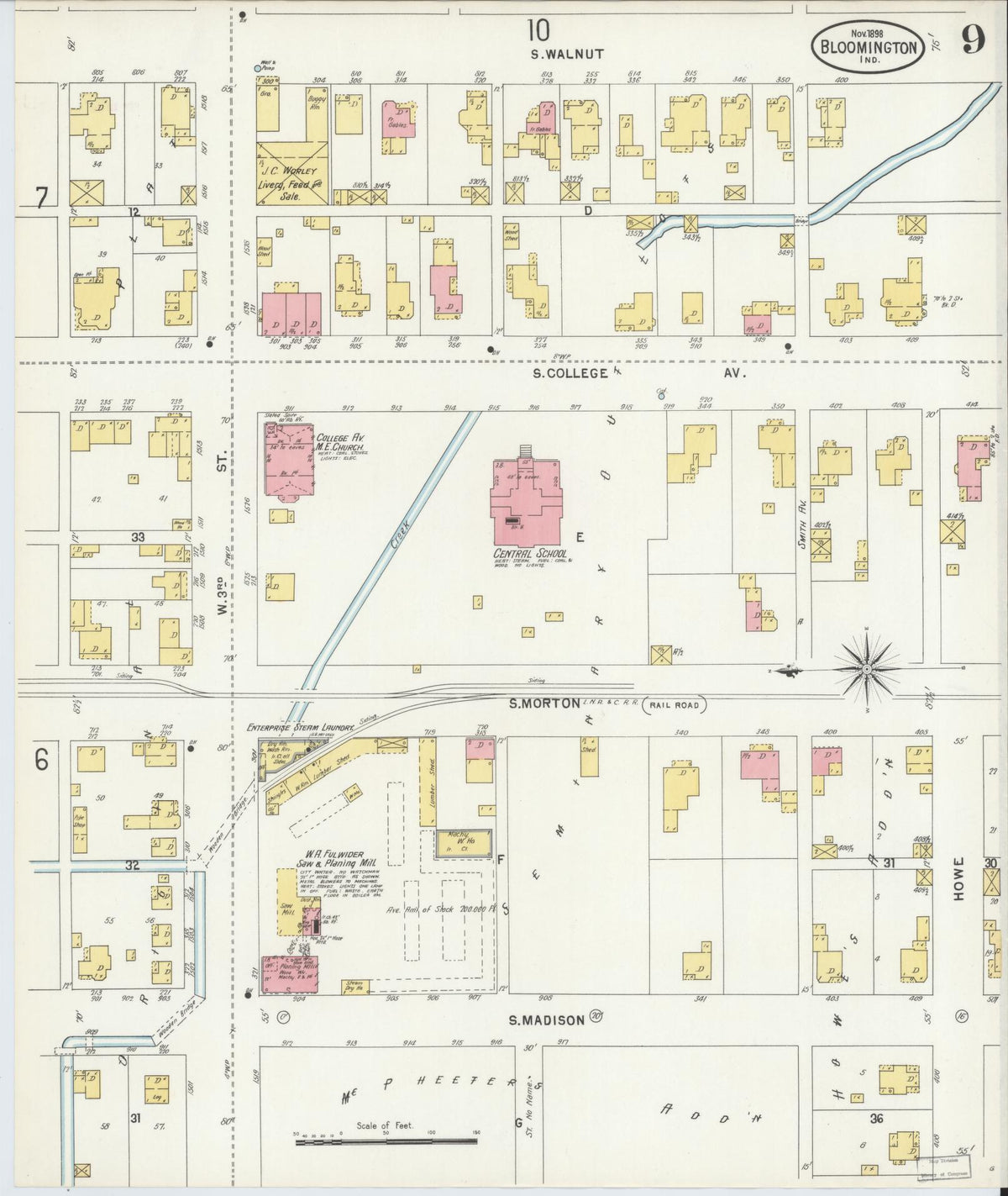 Sanborn Fire Insurance Map from Bloomington, Monroe County, Indiana (1898), Sheet #0009 - Historic Sanborn Fire Insurance Map Print, vintage old map wall art, antique decor, genealogy gift, Indiana Indiana map