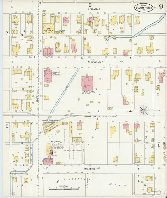 Sanborn Fire Insurance Map from Bloomington, Monroe County, Indiana (1898), Sheet #0009 - Historic Sanborn Fire Insurance Map Print, vintage old map wall art, antique decor, genealogy gift, Indiana Indiana map