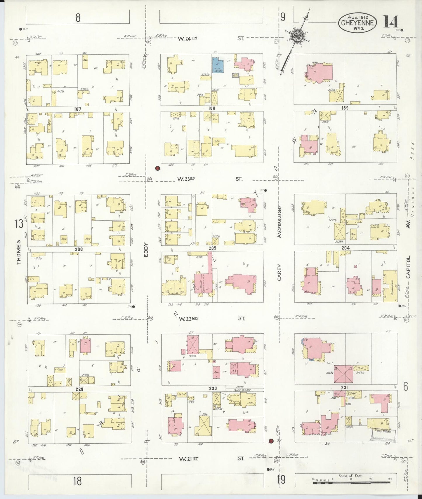Sanborn Fire Insurance Map from Cheyenne, Laramie County, Wyoming (1912), Sheet #0014 - Complete Map Set gallery image, historic Sanborn map, vintage wall art, Wyoming Wyoming