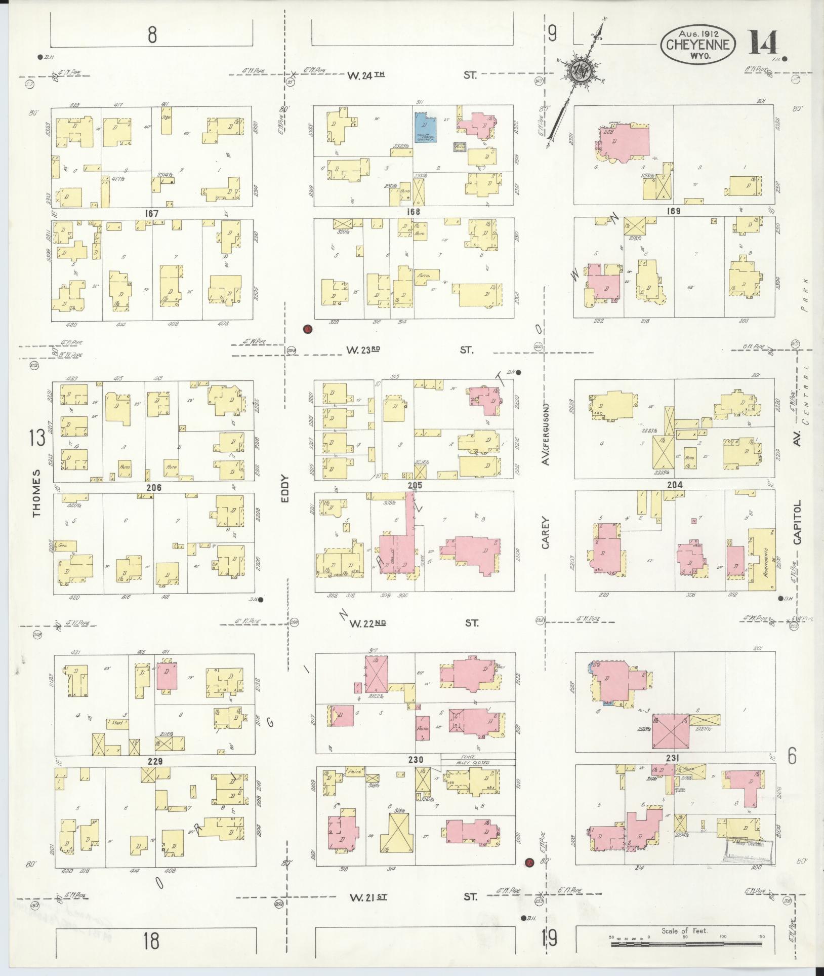 Sanborn Fire Insurance Map from Cheyenne, Laramie County, Wyoming (1912), Sheet #0014 - Complete Map Set gallery image, historic Sanborn map, vintage wall art, Wyoming Wyoming