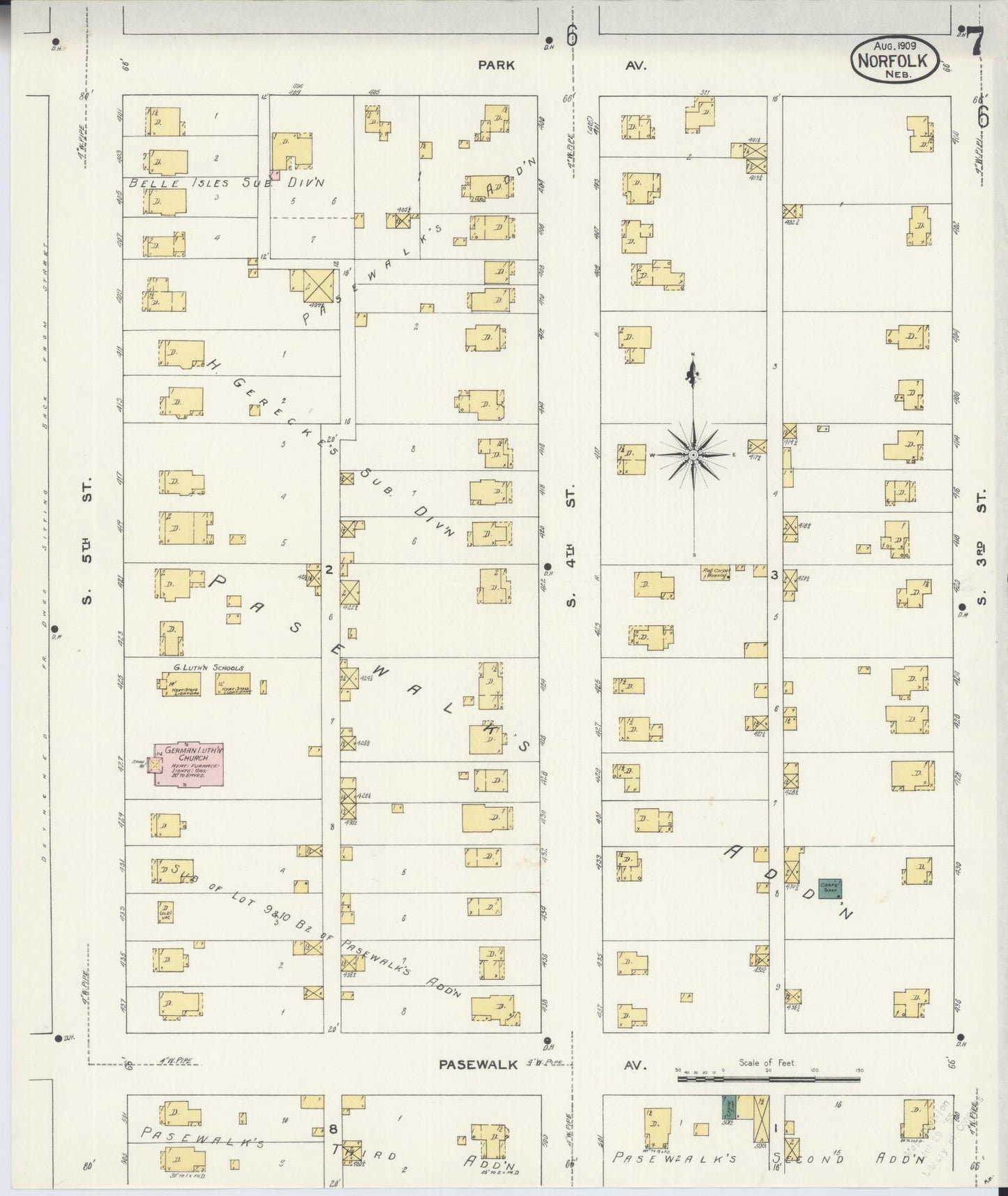 Sanborn Fire Insurance Map from Norfolk, Madison County, Nebraska (1909), Sheet #0007 - Complete Map Set gallery image, historic Sanborn map, vintage wall art, Nebraska Nebraska