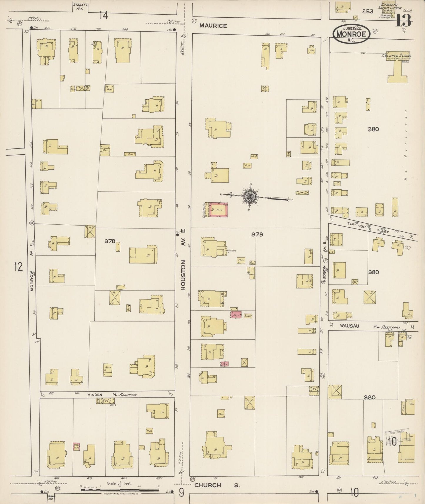Sanborn Fire Insurance Map from Monroe, Union County, North Carolina (1922), Sheet #0013 - Complete Map Set gallery image, historic Sanborn map, vintage wall art, North Carolina North Carolina