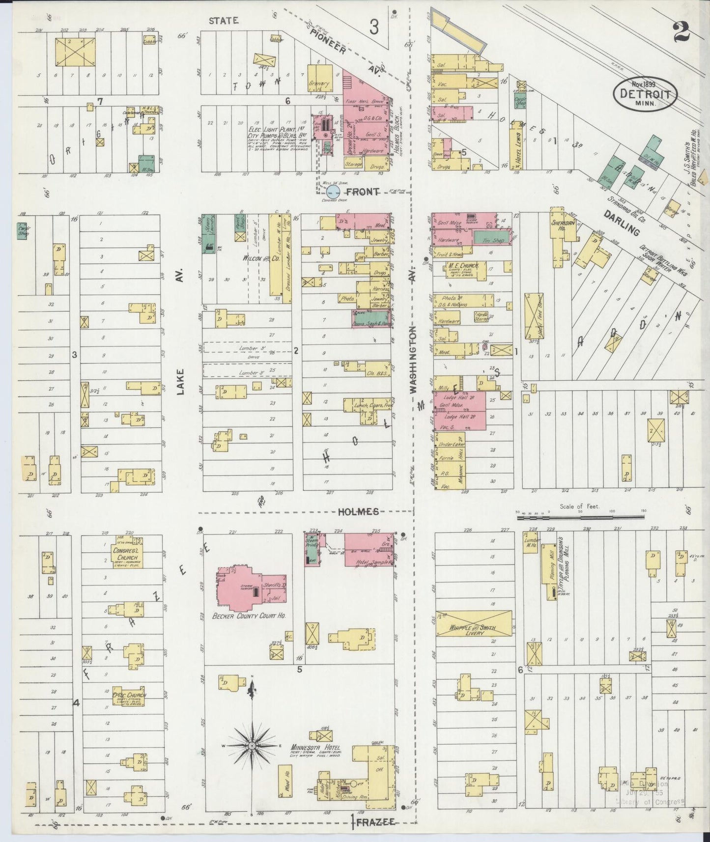 Sanborn Fire Insurance Map from Detroit Lakes, Becker County, Minnesota (1899), Sheet #0002 - Complete Map Set gallery image, historic Sanborn map, vintage wall art, Minnesota Minnesota