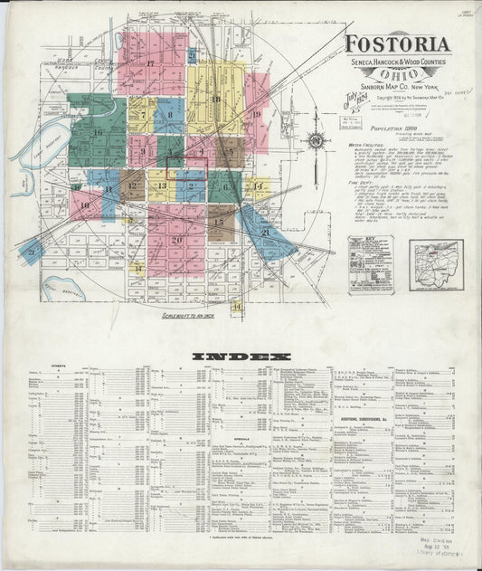 Sanborn Fire Insurance Map from Fostoria, Seneca, Hancock, And Wood Counties, Ohio (1924), Sheet #0001 - Historic Sanborn Fire Insurance Map Print, vintage old map wall art, antique decor, genealogy gift, Ohio Ohio map