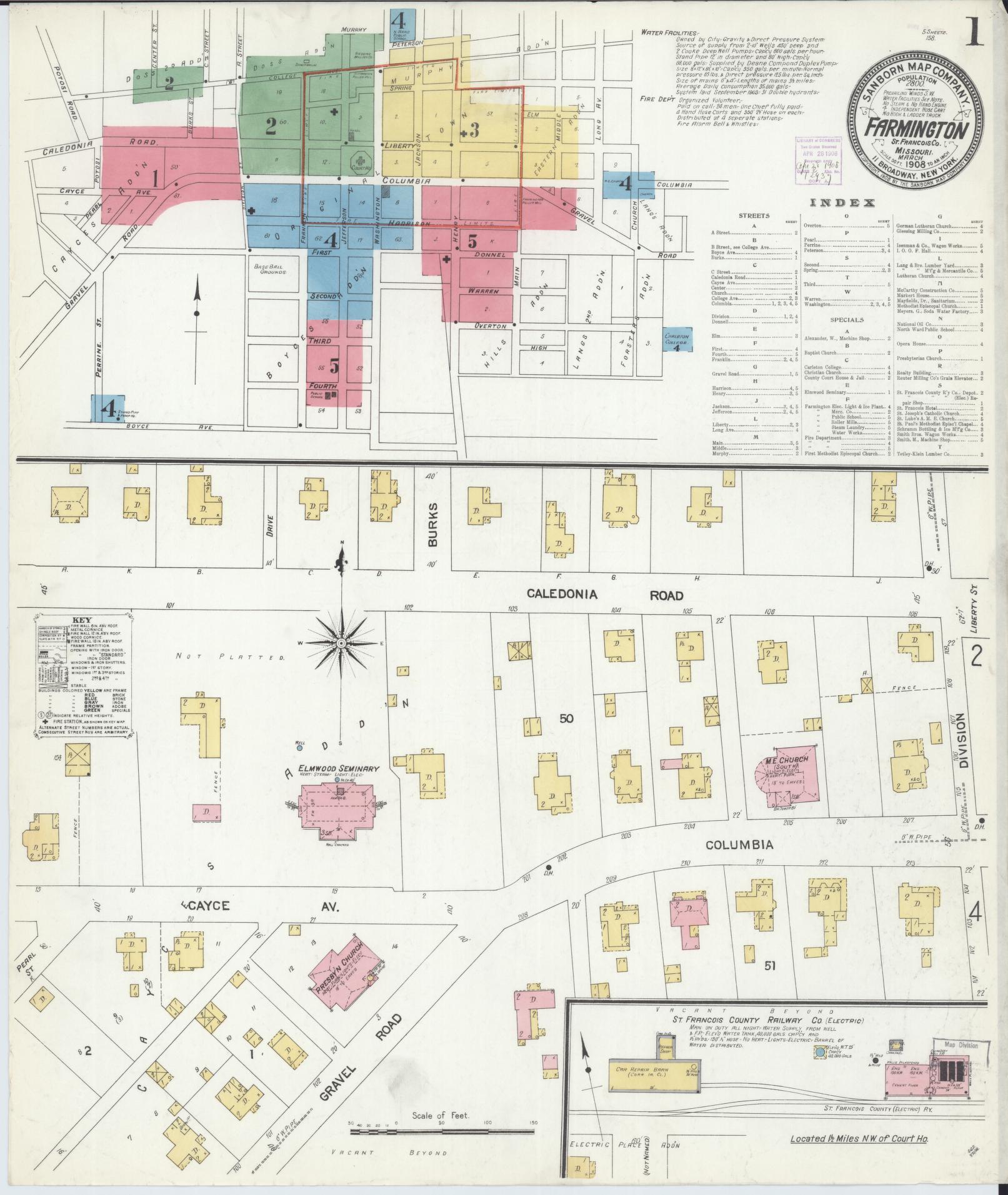 Sanborn Fire Insurance Map from Farmington, Saint Francois County, Missouri (1908), Sheet #0001 - Historic Sanborn Fire Insurance Map Print, vintage old map wall art, antique decor, genealogy gift, Missouri Missouri map