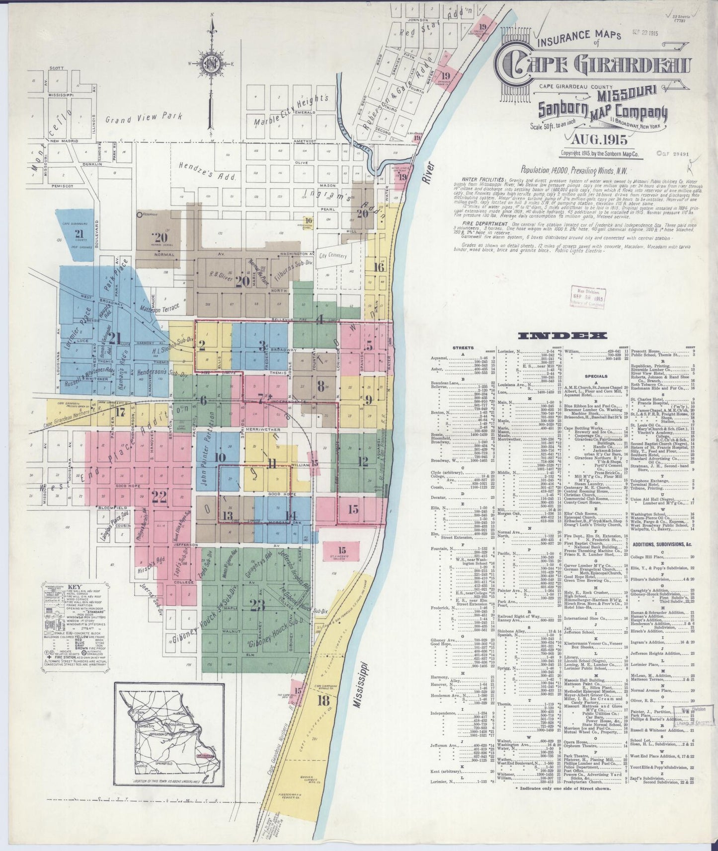Sanborn Fire Insurance Map from Cape Girardeau, Cape Girardeau County, Missouri (1915), Sheet #0001 - Complete Map Set gallery image, historic Sanborn map, vintage wall art, Missouri Missouri