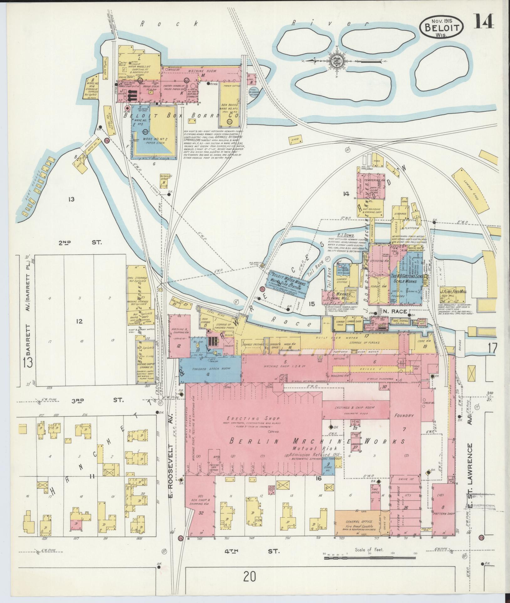 Sanborn Fire Insurance Map from Beloit, Rock County, Wisconsin (1915), Sheet #0014 - Historic Sanborn Fire Insurance Map Print, vintage old map wall art, antique decor, genealogy gift, Wisconsin Wisconsin map